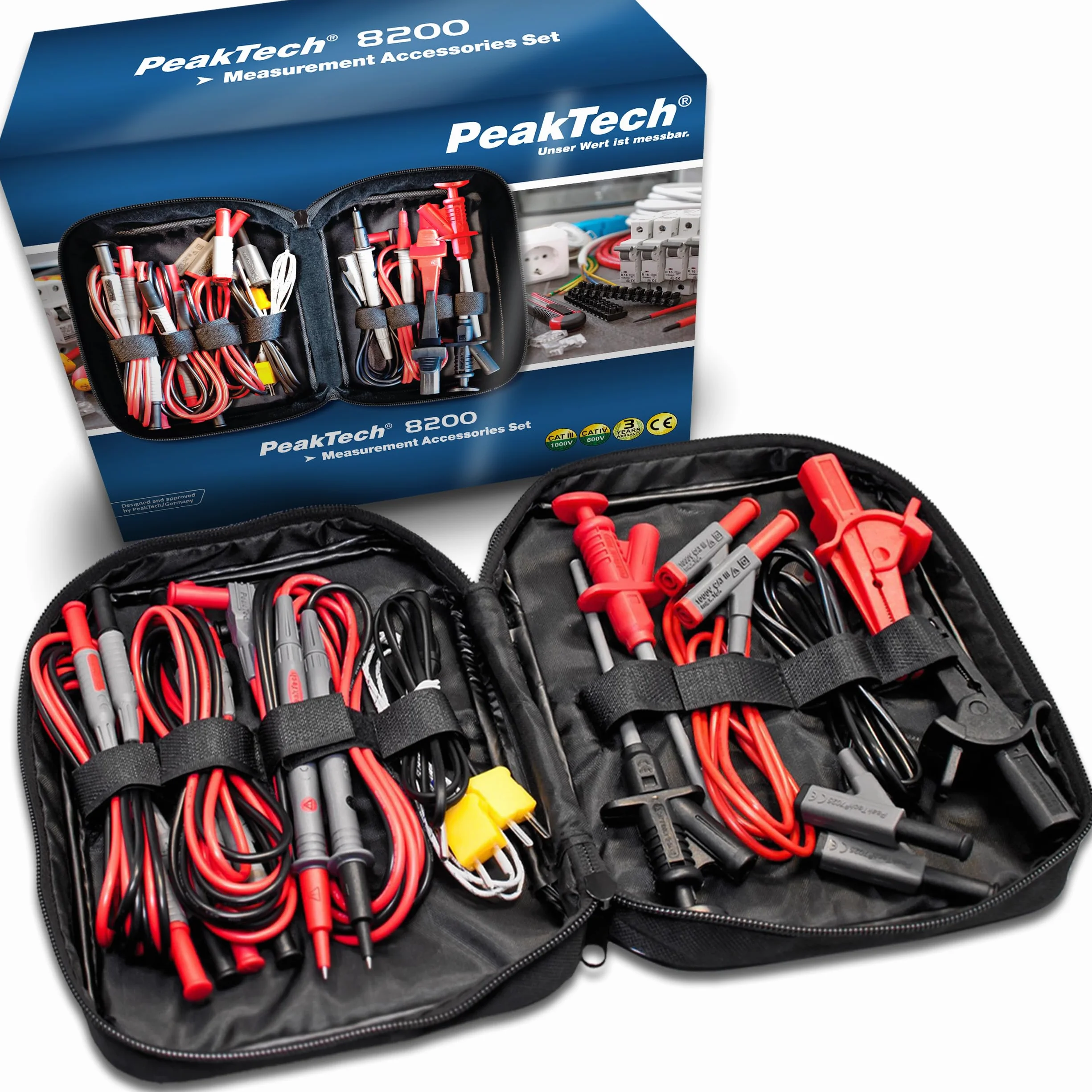 PeakTech 8200 - Juego de Accesorios de Medición para Multímetro Digital, Cables de Prueba, Pinzas de Cocodrilo, con Batería - 14 Piezas, Bolsa Incluida