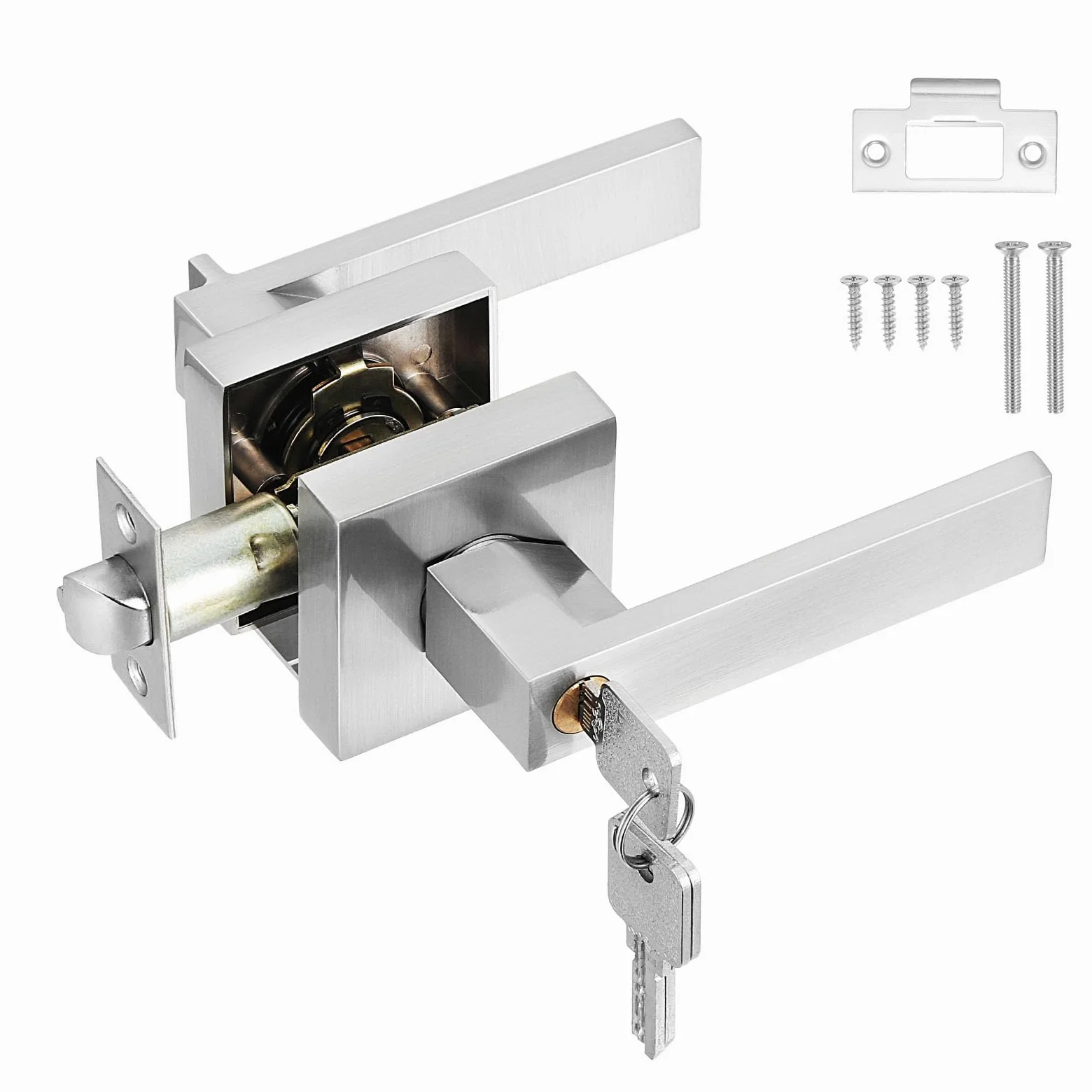 HSEAMALL Tirador de palanca para puerta, tirador de puerta interior con cerradura y llave, puerta de entrada cuadrada para dormitorio oficina mano derecha o izquierda (plata)