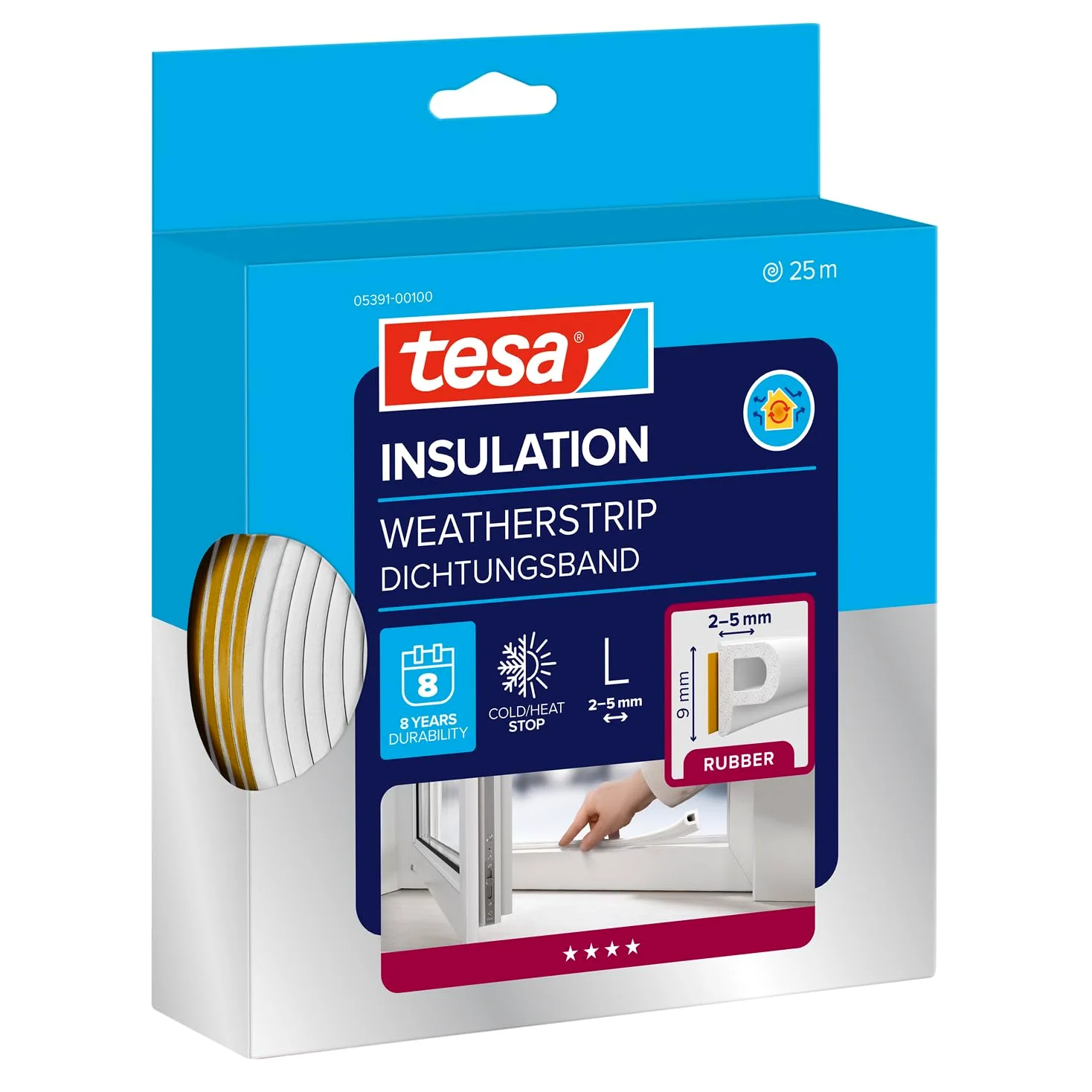 tesa INSULATION L junta de goma - Junta autoadhesiva para el aislamiento de huecos en ventanas y puertas - Blanca - 25 m x 9 mm x 5,5 mm