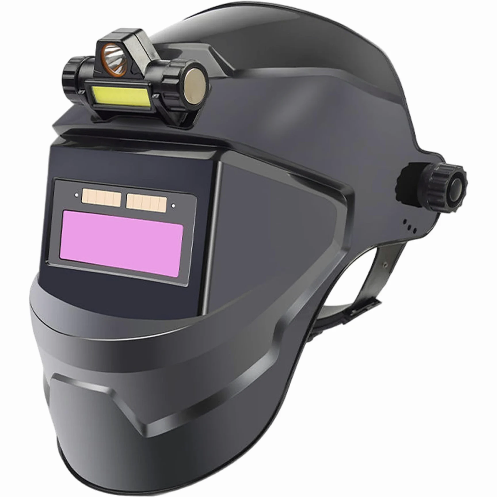 Casco de Soldadura con oscurecimiento automático, máscara de Soldadura LCD con energía Solar y Linterna Frontal, Capucha de Transpirable, Ajustable y Resistente al Calor con diseño Gira