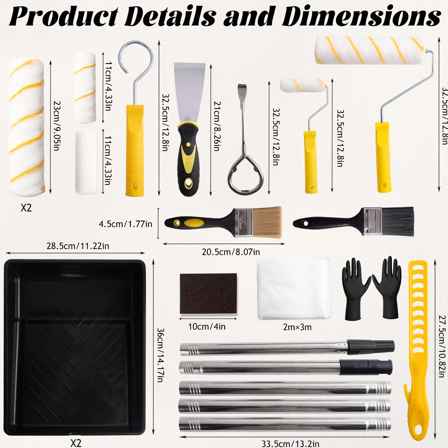 20Pieza Juego de Rodillos, con 1.5M Extension Rod, Pintura de 9" 4", Bandeja para Pintura, Brocha, Mezclador, Espátula, Guantes, Kit Pintura Pared, para Interior, Renovar, Techos y Puertas