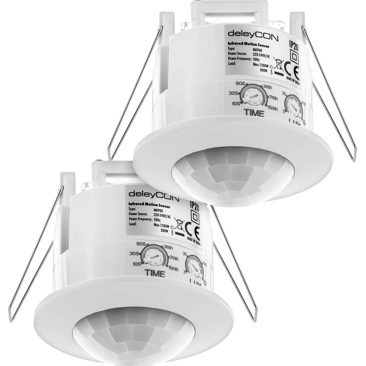 deleyCON 2X Infrarrojos Detector de Movimiento Empotrado Montaje en Techo Interno Control de Luz Área de Trabajo de 360° Alcance de 6m Sensor de Luz Integrado Blanco