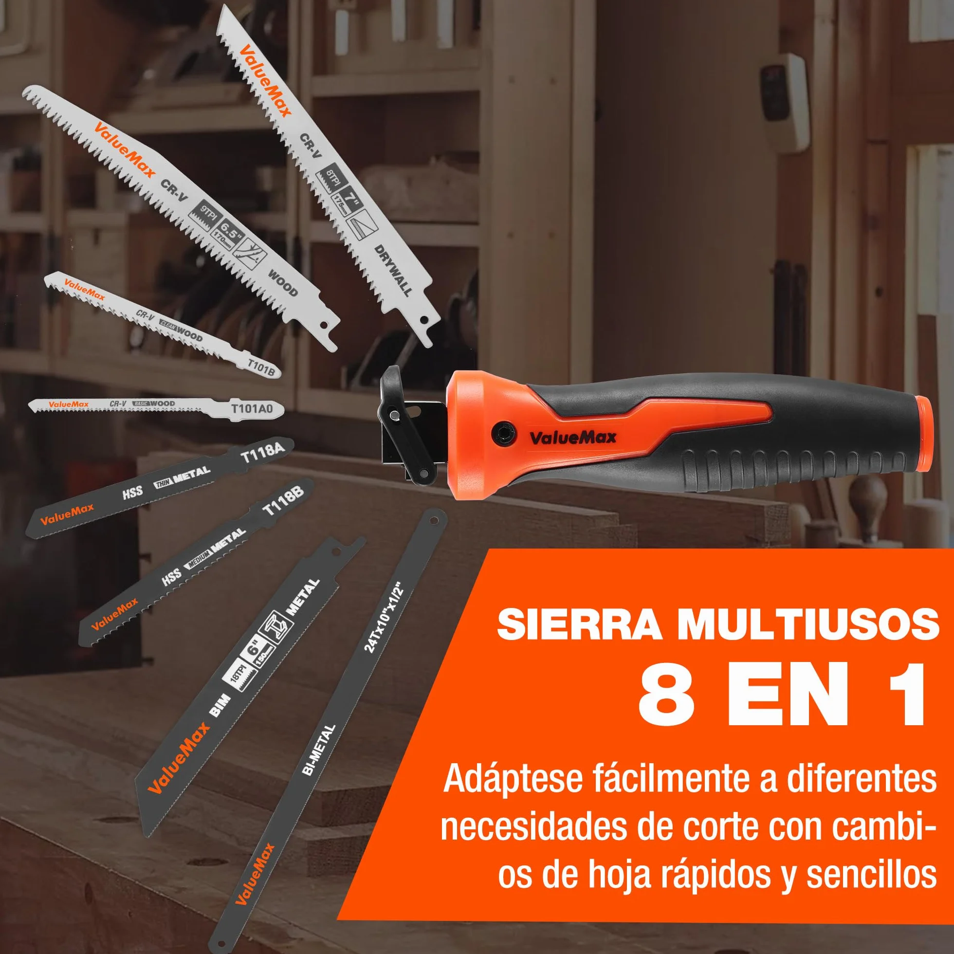 ValueMax Sierra de Mano Multifunción 8 en 1 con 8 Hojas de Sierra, Mango Ergonómico, Estructura Segura, Para Cortar Madera, Metal, Yeso, Paneles de Yeso y Más