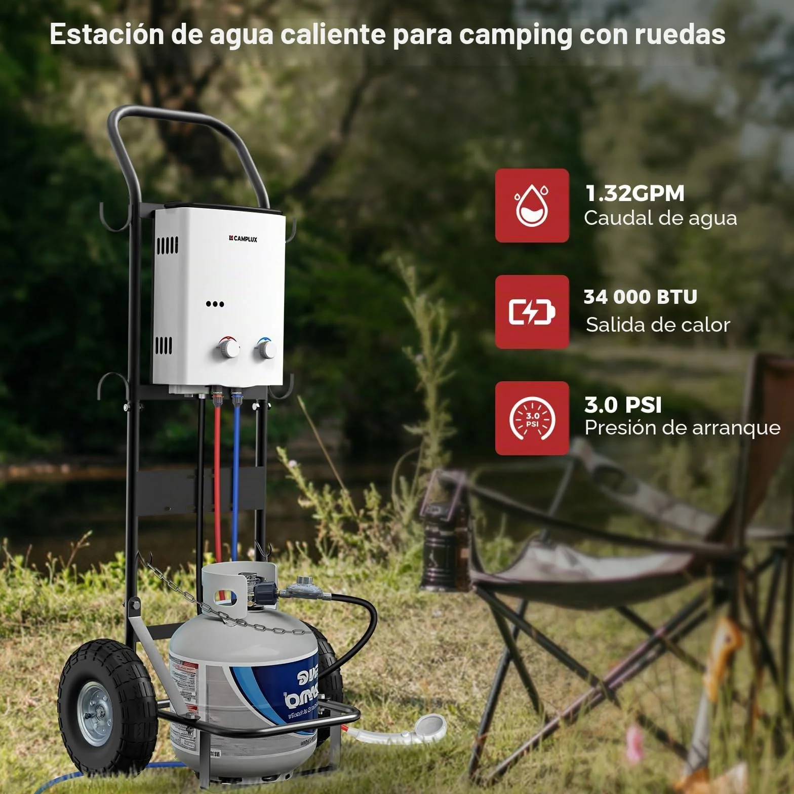Camplux AY132 Calentador de Agua a Gas Portátil 5L/min 10kW LPG