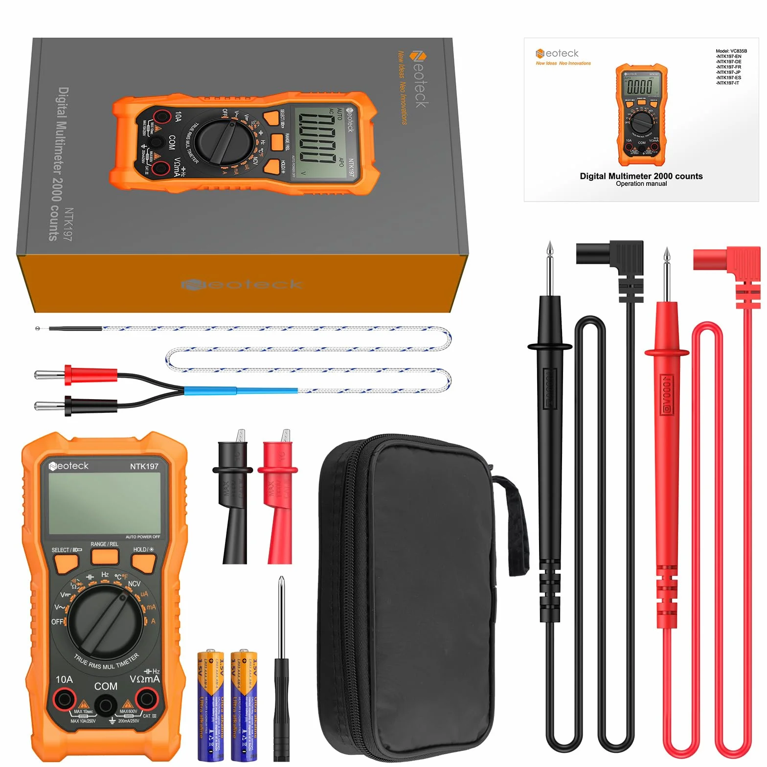 Neoteck Multimetro Digital 2000 Conteos Tester Electricista CA/CC Tensión Resistencia Capacitancia NCV