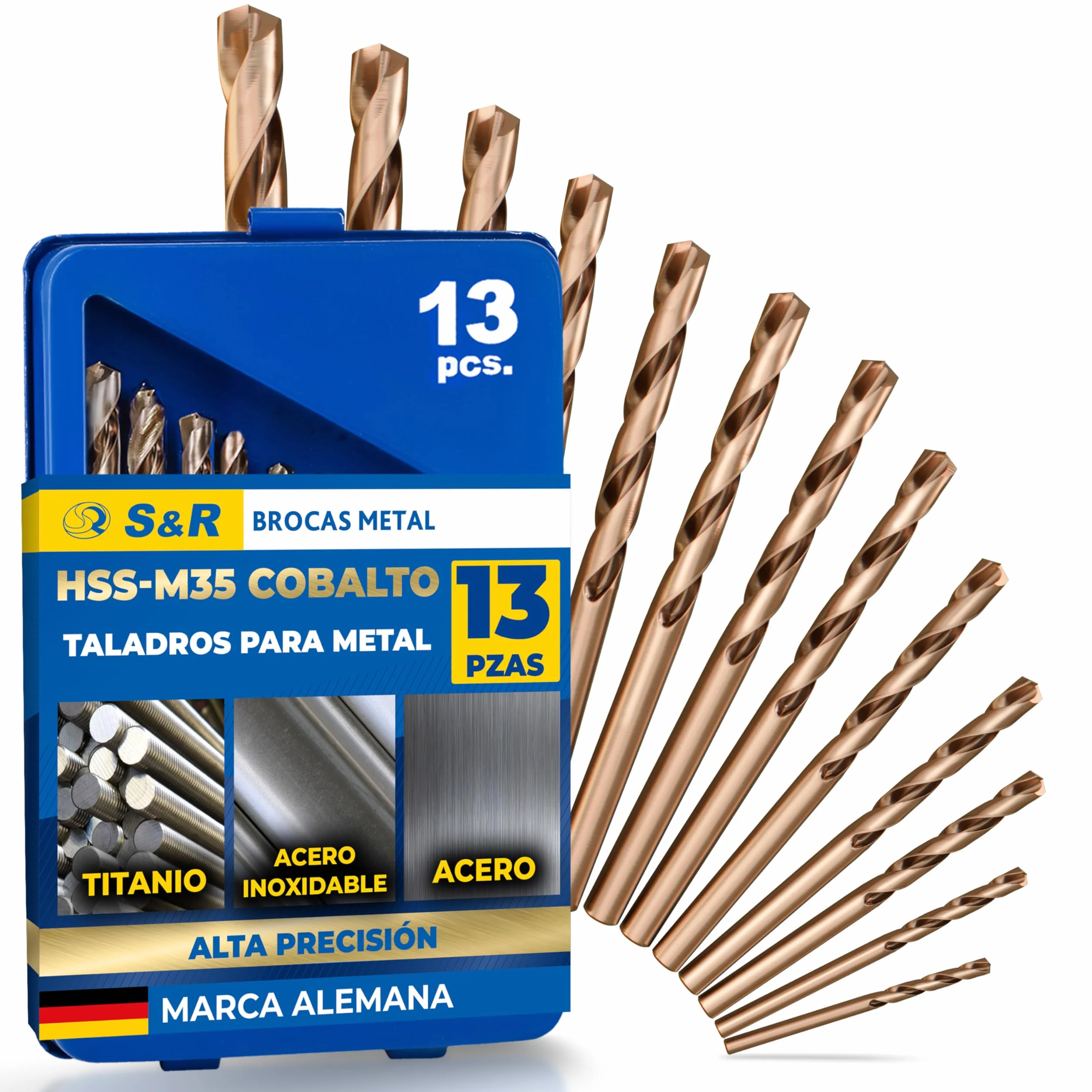 S&R Juego de brocas HSS COBALTO Rectificadas para metal 1,5-6,5 mm- 13 unidades DIN 338 - acero aleado con cobalto - corte tipo C según DIN 1412-135 ° Caja metálica
