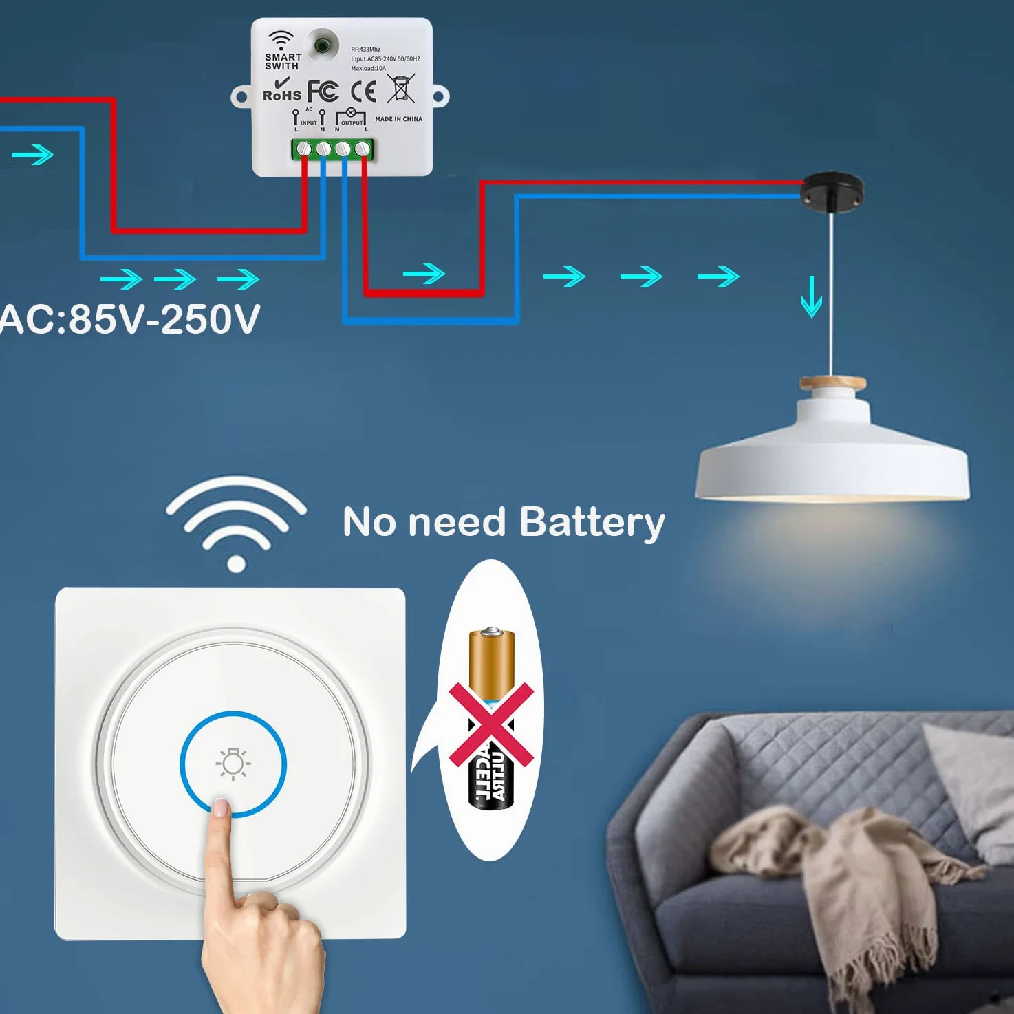 Interruptor De Luz inalambrico Autoalimentado, Sin Batería Interruptor A Prueba De Agua Móvil AC220V 2000W Relé Transmisor De Radio Rango De Control De 100M Para Iluminación De Lámpara