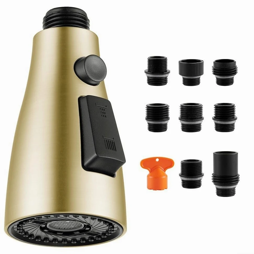 Cabezal rociador de grifo de cocina extraíble de acero inoxidable 304 con 9 conectores para la mayoría de grifos de fregadero extraíbles y extraíbles, color negro dorado cepillado (oro