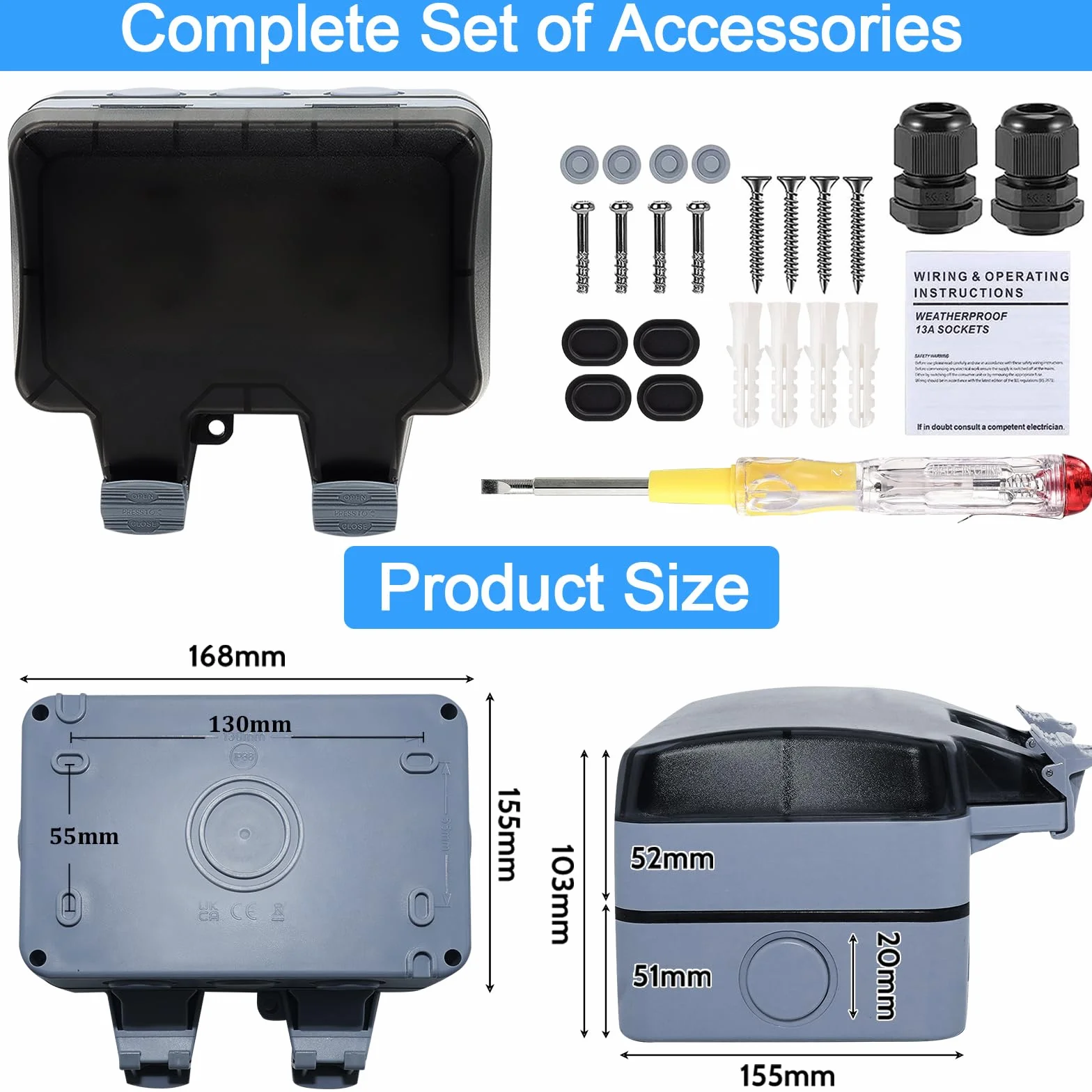 Enchufe Estanco Exterior Impermeable, Toma de Corriente IP66, Doble Pared Enchufes con Interruptor, Conector de Cable y Tapa Abatible, para Cocina Baño Garaje Piscina y Jardín