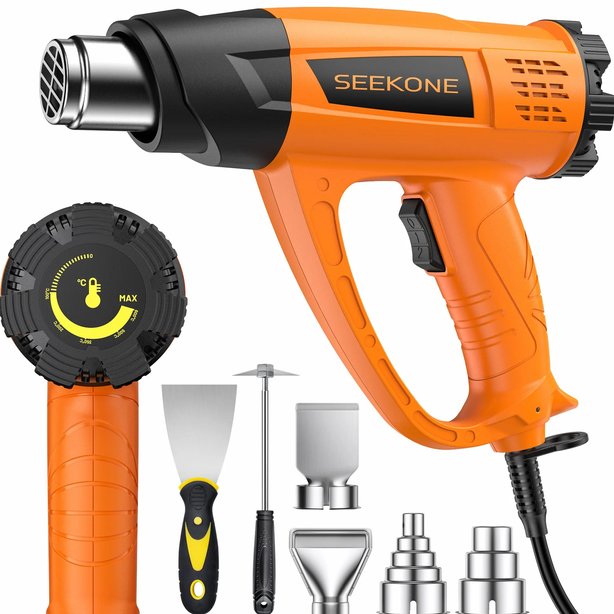 SEEKONE 2000W Pistola de Calor, 60℃-600℃ Pistola de Aire Caliente de Temperatura Variable, Kit Decapador con 7 Accesorios, Núcleo de Cerámica para Soldar, Quitar Pintura y Calentar