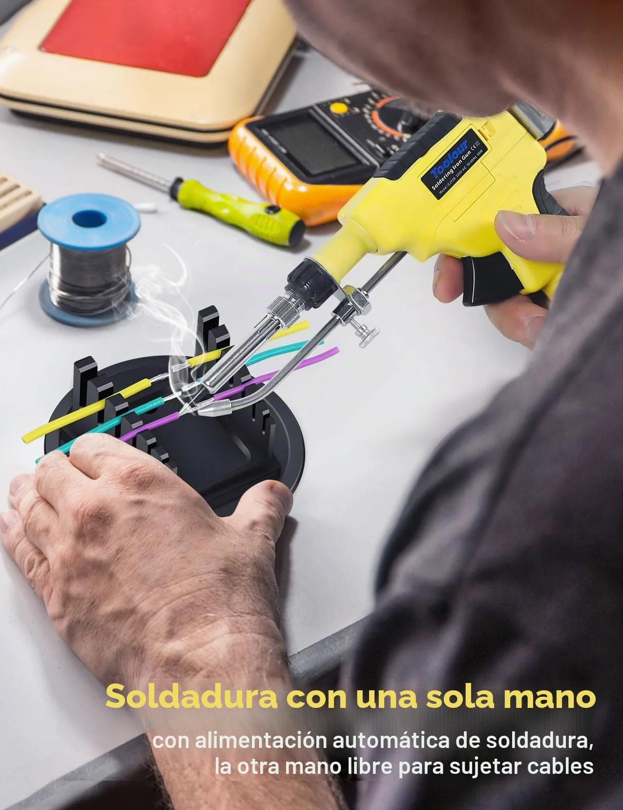 Soldador estaño, pistola de soldar de 60 W, juego de soldador automático, soldador 5 en 1 de una sola mano con desoldador estaño, alambre de estaño, 2 pinzas antiestáticas para reparación
