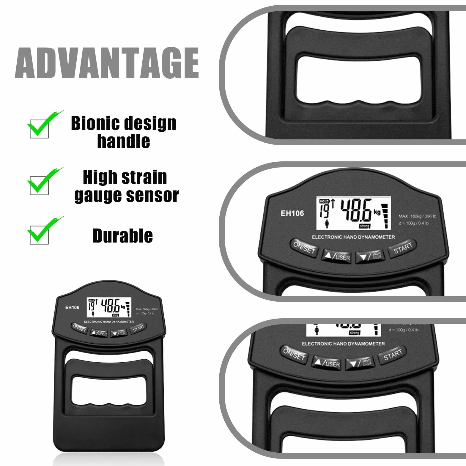 Medidor de fuerza digital de mano, negro, 396 lb/180 kg, dinamómetro de mano con cable de carga USB, agarre electrónico, medidor de fuerza de agarre, pantalla LED, fuerza de entrenamiento, medidor de