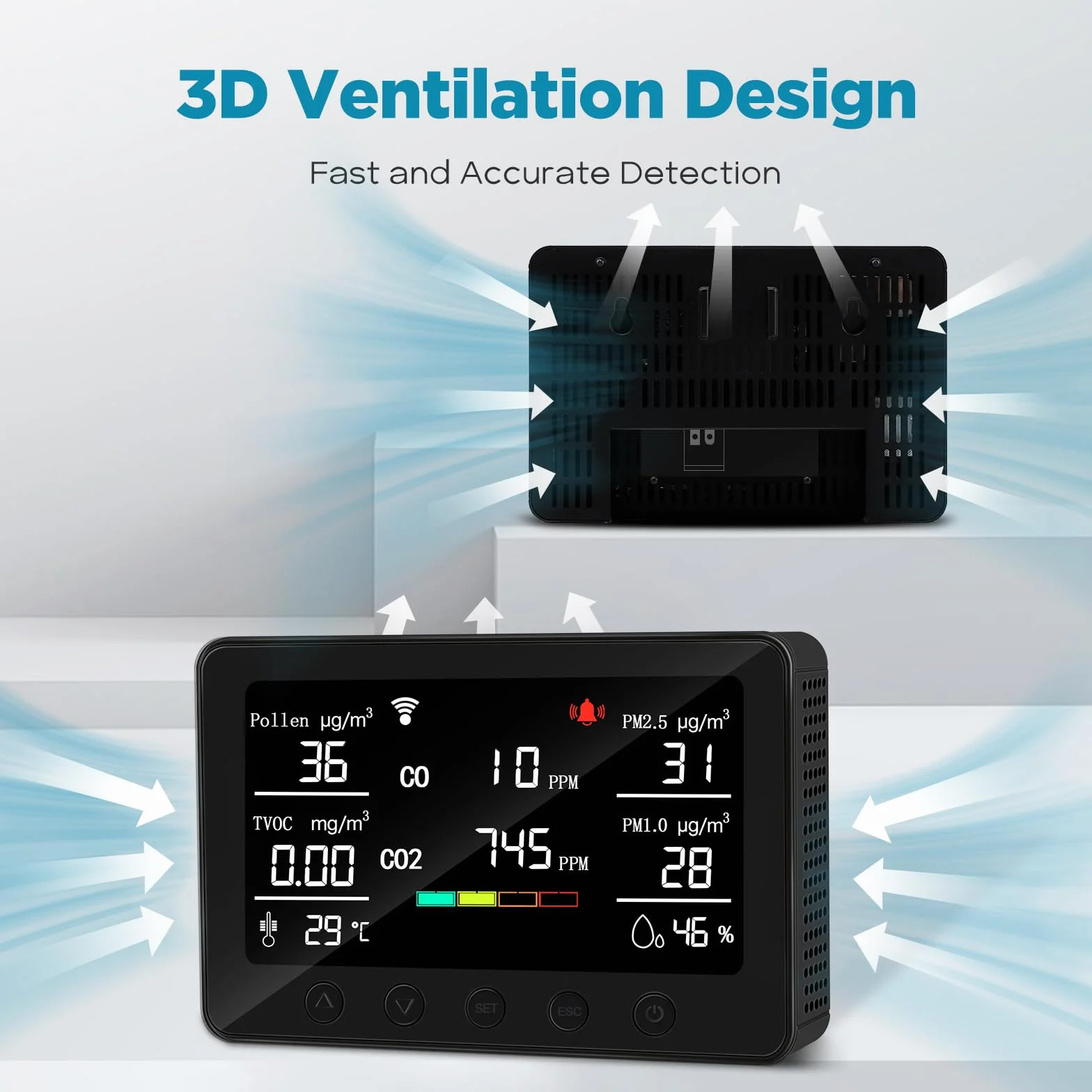 CF-30 Monitor de calidad del aire para interiores para polen, CO2, PM2.5, PM1.0, TVOC, temperatura, humedad, contaminación del aire con pantalla LCD grande, APP para configuración e historial