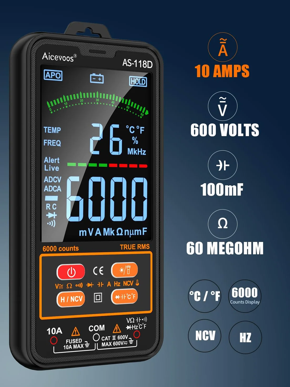 AS-118D Multimetro Digital Polimetro Digital Multimetro Digital Profesional Auto-Rango TRMS para Medir CA/CC Corriente, Voltaje, Resistencia, Frecuencia, Capacidad, NCV, Diodes | negro