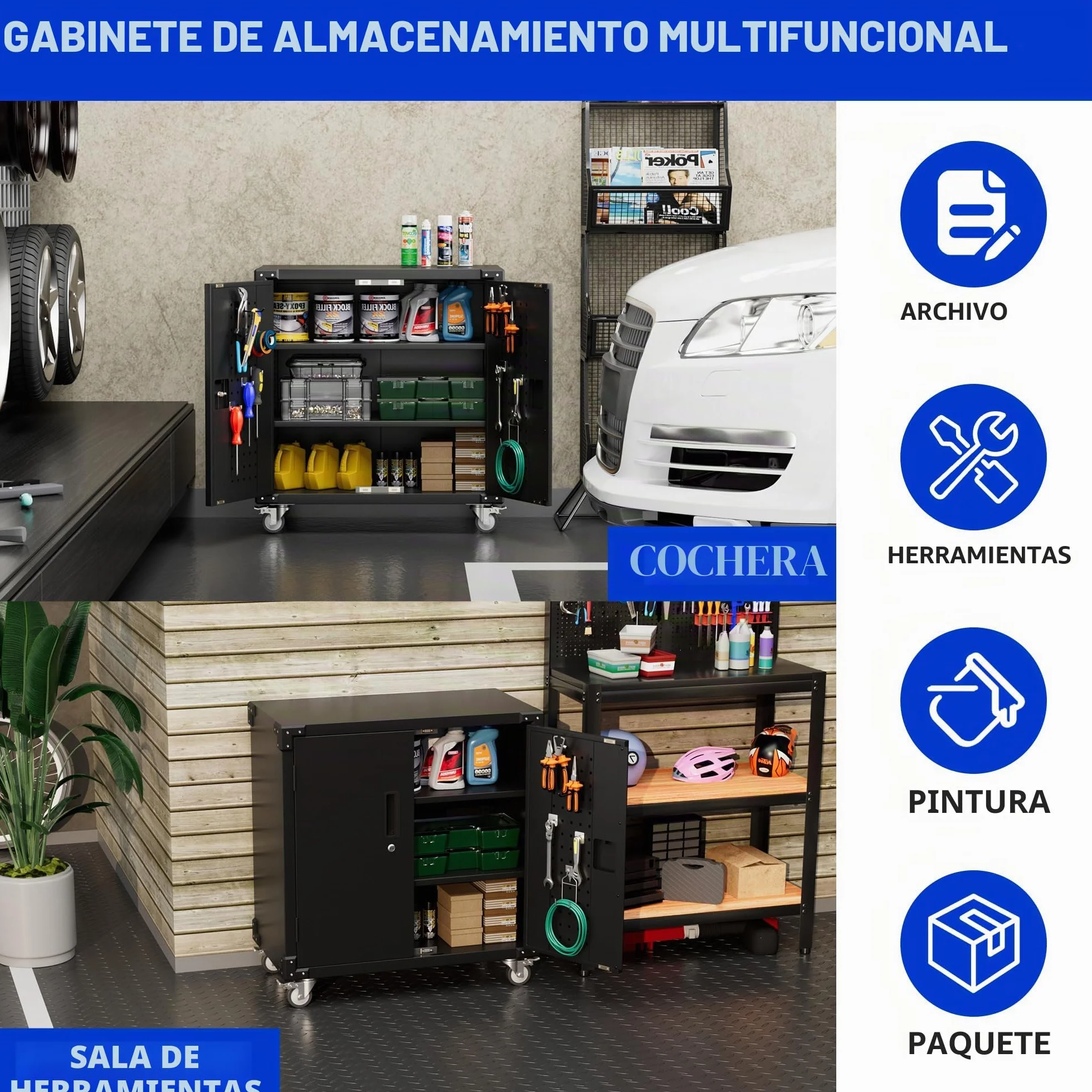 Armario de herramientas con ruedas, tablero de clavijas y 4 ganchos, 2 puertas y estantes ajustables