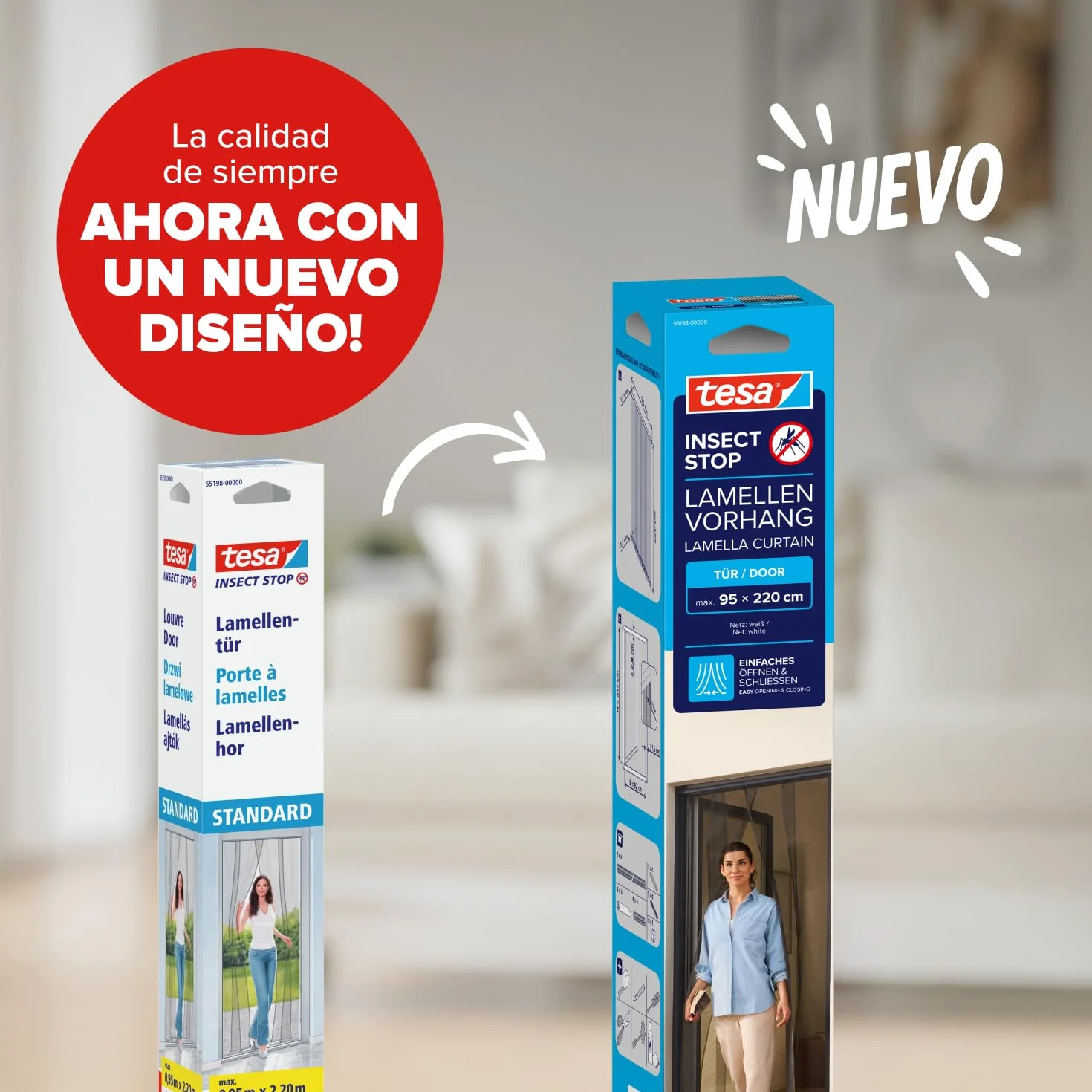 tesa Insect Stop Cortinas STANDARD para Puertas, Mosquitera de 4 Piezas con Cinta Adhesiva de Gancho y Bucle, Sin Necesidad de Taladrar, Blanca, 95 cm x 220 cm