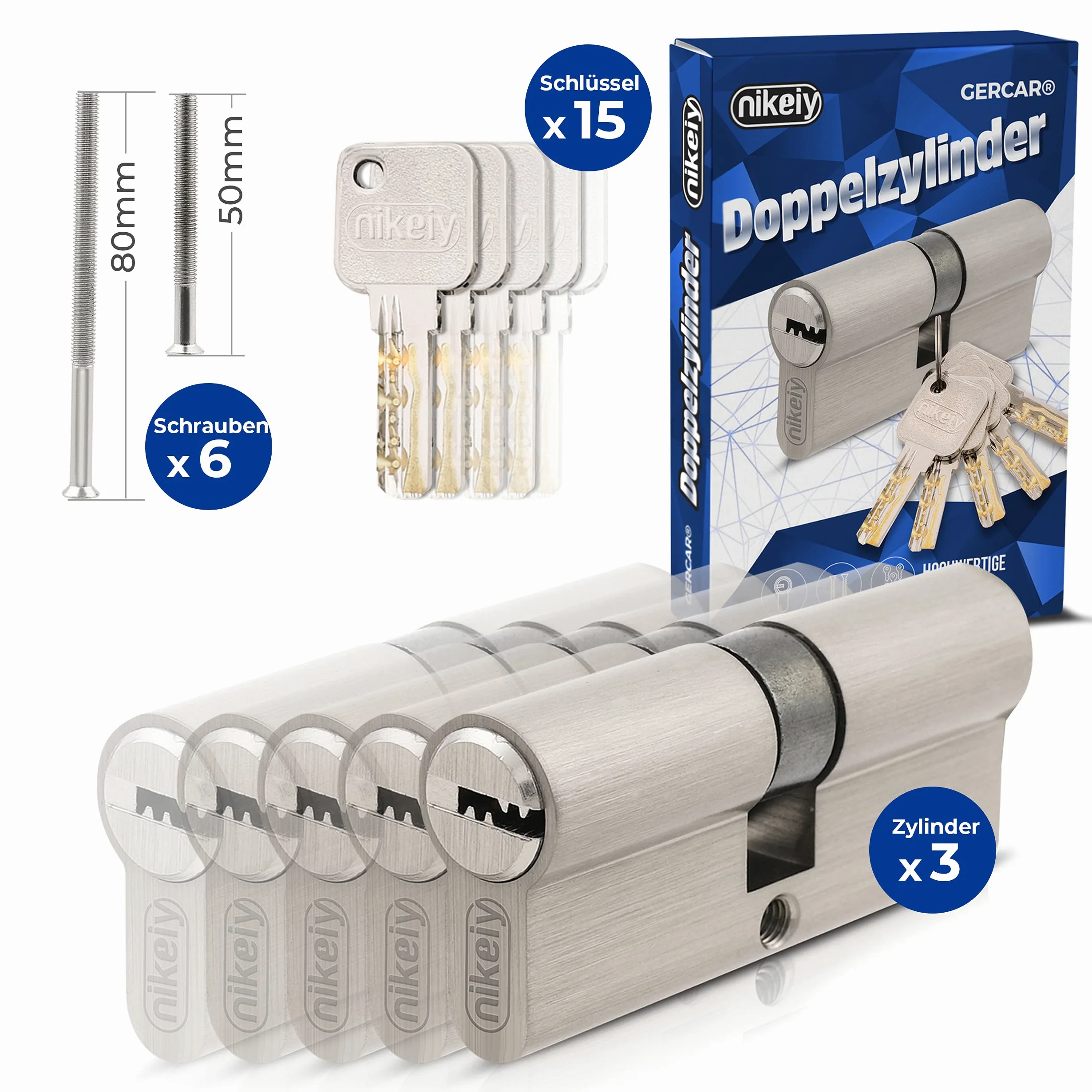GERCAR Pro 3 Cilindros de Cierre 30/30 Con Cierre Uniforme, 15 Llaves, Cerradura de 60 mm, Longitud: 60 mm, A: 30 B: 30 mm, Latón Macizo Mate