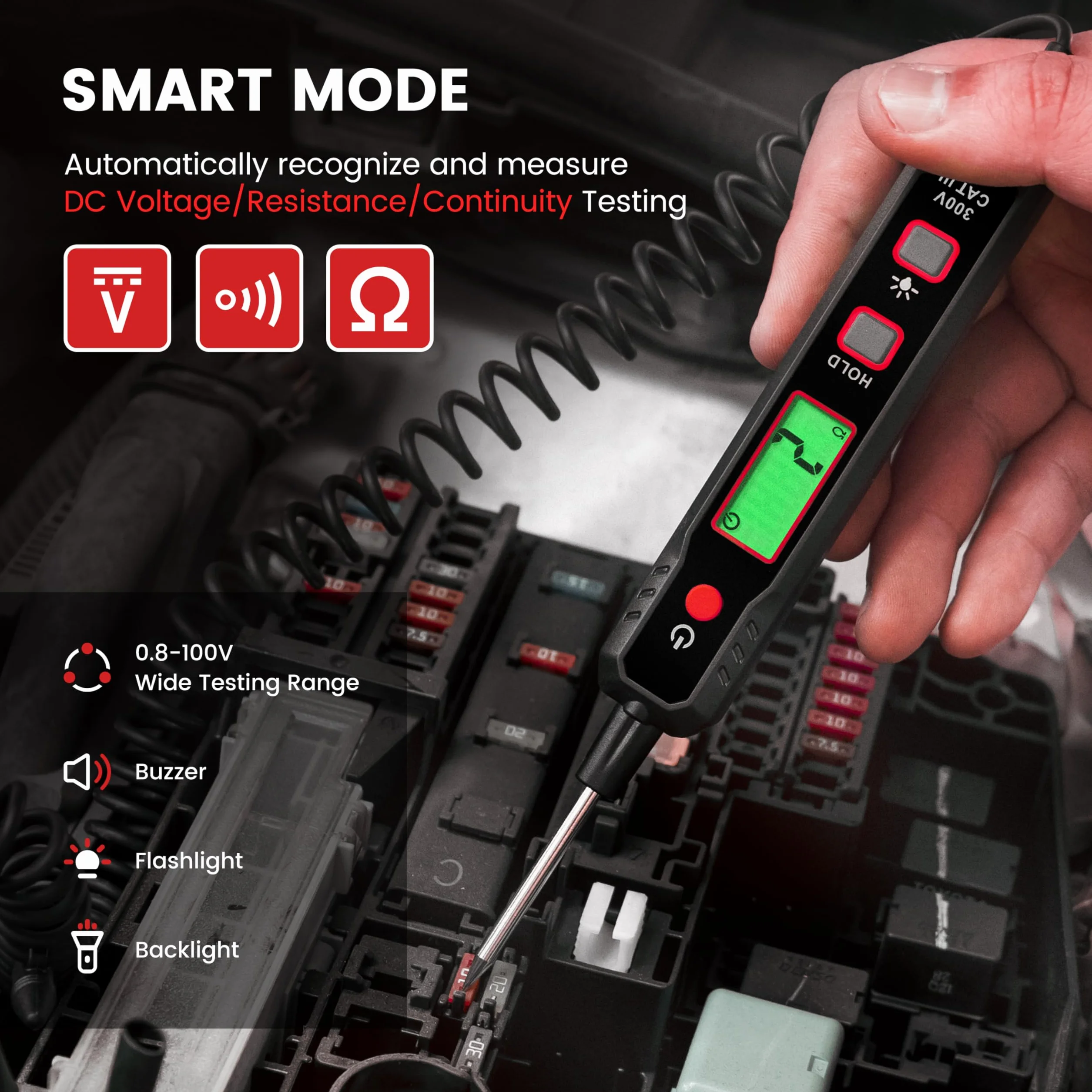 KAIWEETS Lápiz Comprobador de Voltaje para Coche, 0.8V-100V DC, Lámpara de Prueba Digital con Luz de Fondo