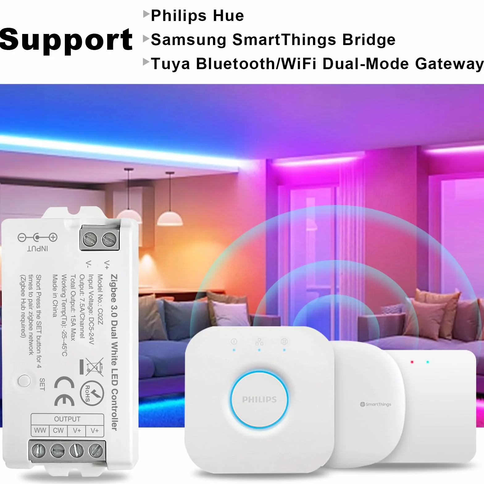 ZigBee 3.0 Controlador LED C02Z CCT Dual White Tira Regulador Compatible con Echo Plus Home Kit 5-24V CC
