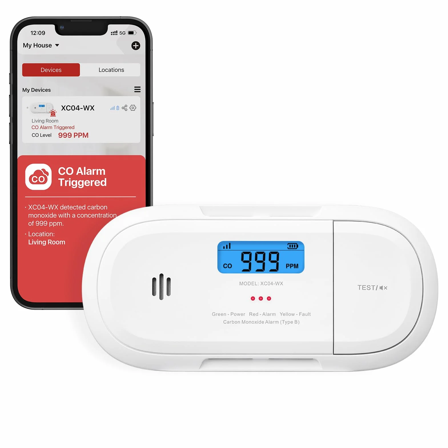 X-Sense Detector de Monóxido de Carbono Inteligente WiFi, Notificaciones Móviles en Tiempo Real con la Aplicación X-Sense Home Security, Batería Reemplazable, Dise?o sin Soportes, XC04-WX