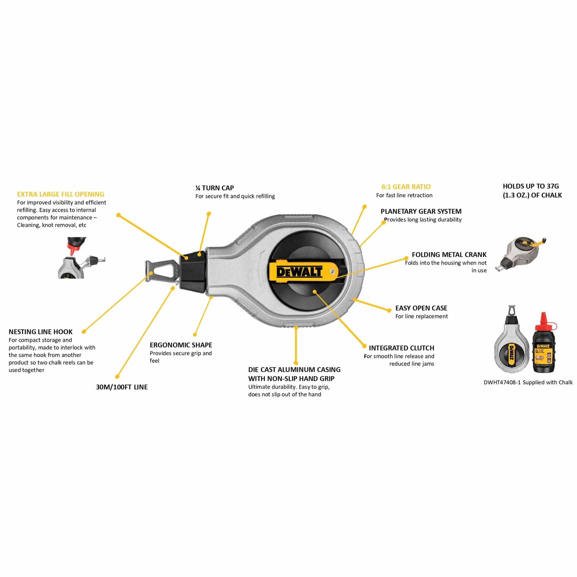 DEWALT DWHT47408-0 6 to 1 Chalk Reel with Red Chalk