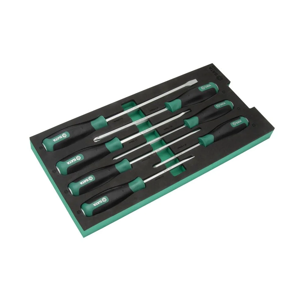 SATA ST09919G - Juego de destornilladores (7 piezas, 400 x 187 mm, cuchillas de acero de alto rendimiento, mango de metal con tapa de impacto, mango ergonómico y suave)