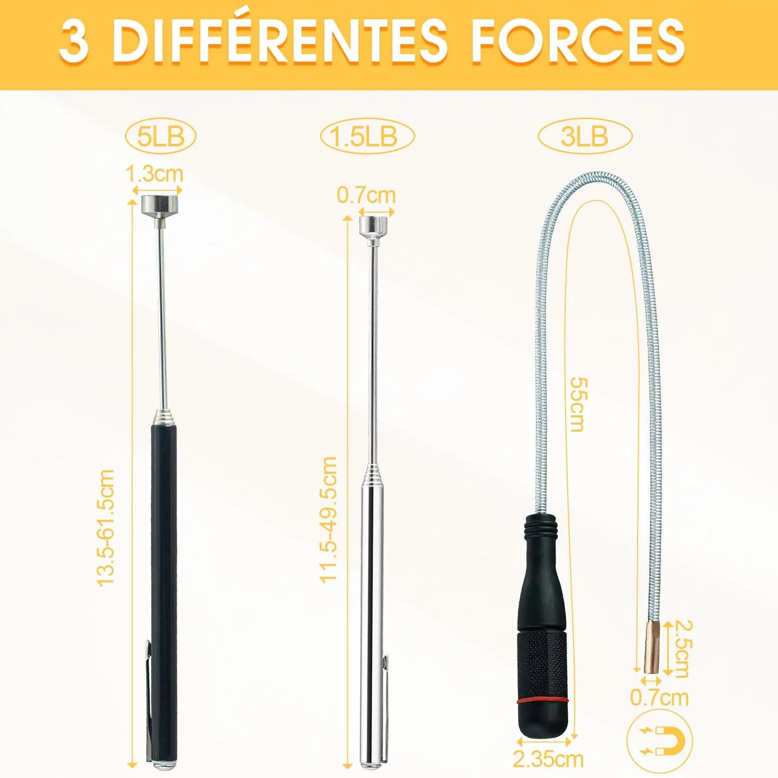 VEGCOO 3Pcs Herramientas de Recogida Iman Flexible Telescópicas Magnéticas 1.5LB 3LB 5LB, Herramientas Taller Mecanico Iman Telescopico Recogedor Magnético Para Recoger Piezas
