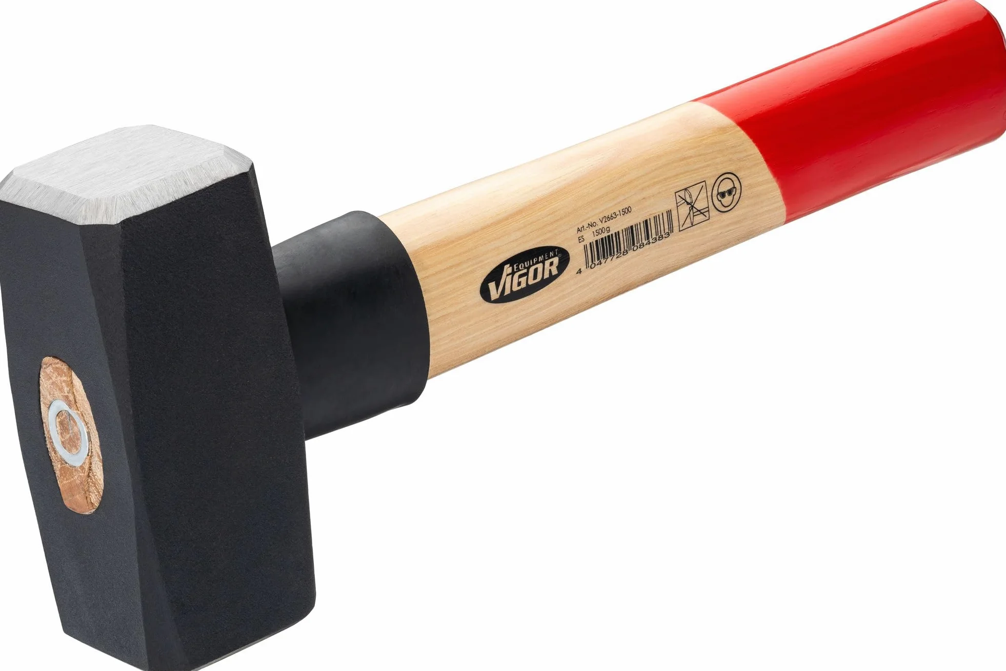 ViGOR V2663-1500 - Manopla de 1500 g, mango de madera de nogal con protección de goma, longitud 280 mm, martillo pesado para golpes potentes y trabajos precisos