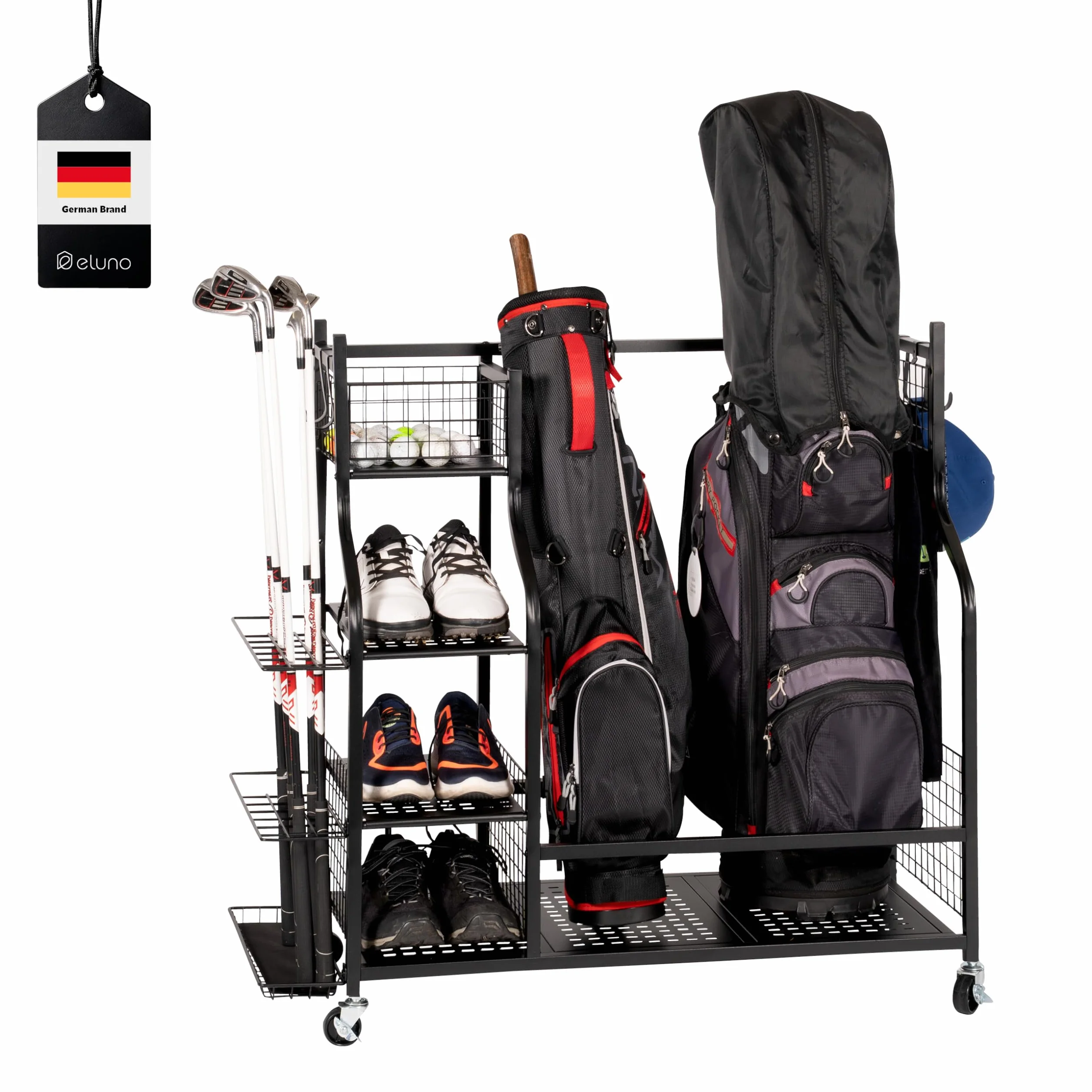 eluno Organizador de bolsas de golf con estantes estables y cestas, estante de almacenamiento para 2 bolsas de golf y accesorios de equipo de golf, soporte para bolsas de golf, de acero negro