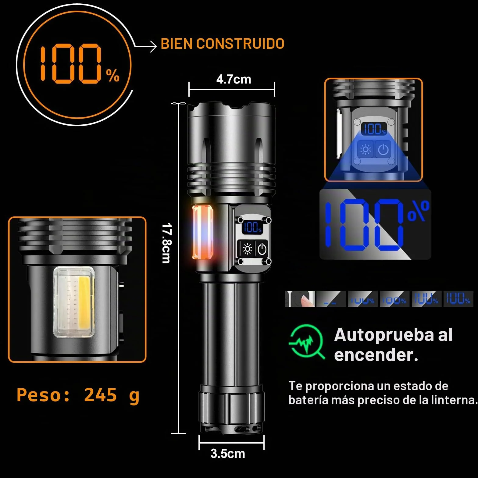 Relybo Linternas Led Alta Potencia, 1000000 Lúmenes Linterna Led Recargable, 2 Interruptores & 9 Modos & Luz Lateral Cob, Linterna Potente Tactica Militar, Linternas Potentes Para Emergencia Camping