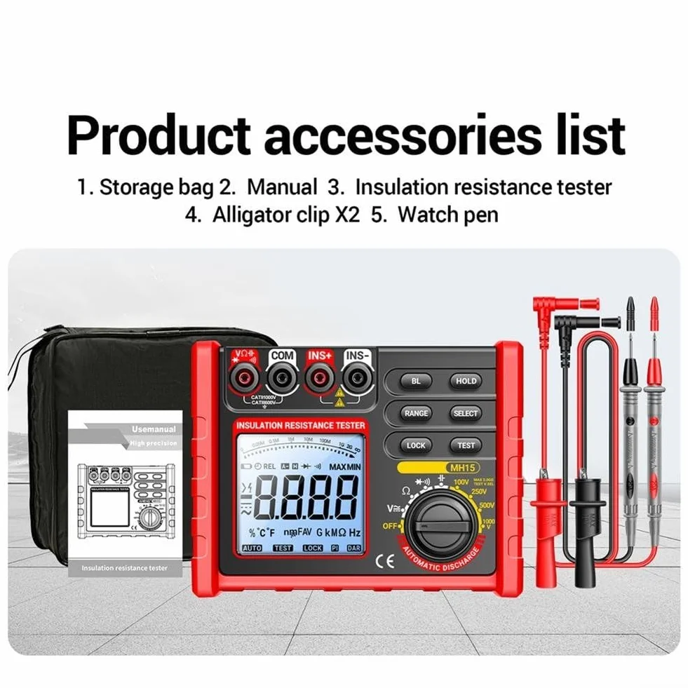 MH15 Probador digital de resistencia de aislamiento pantalla LCD retroiluminación voltaje ajustable 100V-1000V medición continuidad diodos