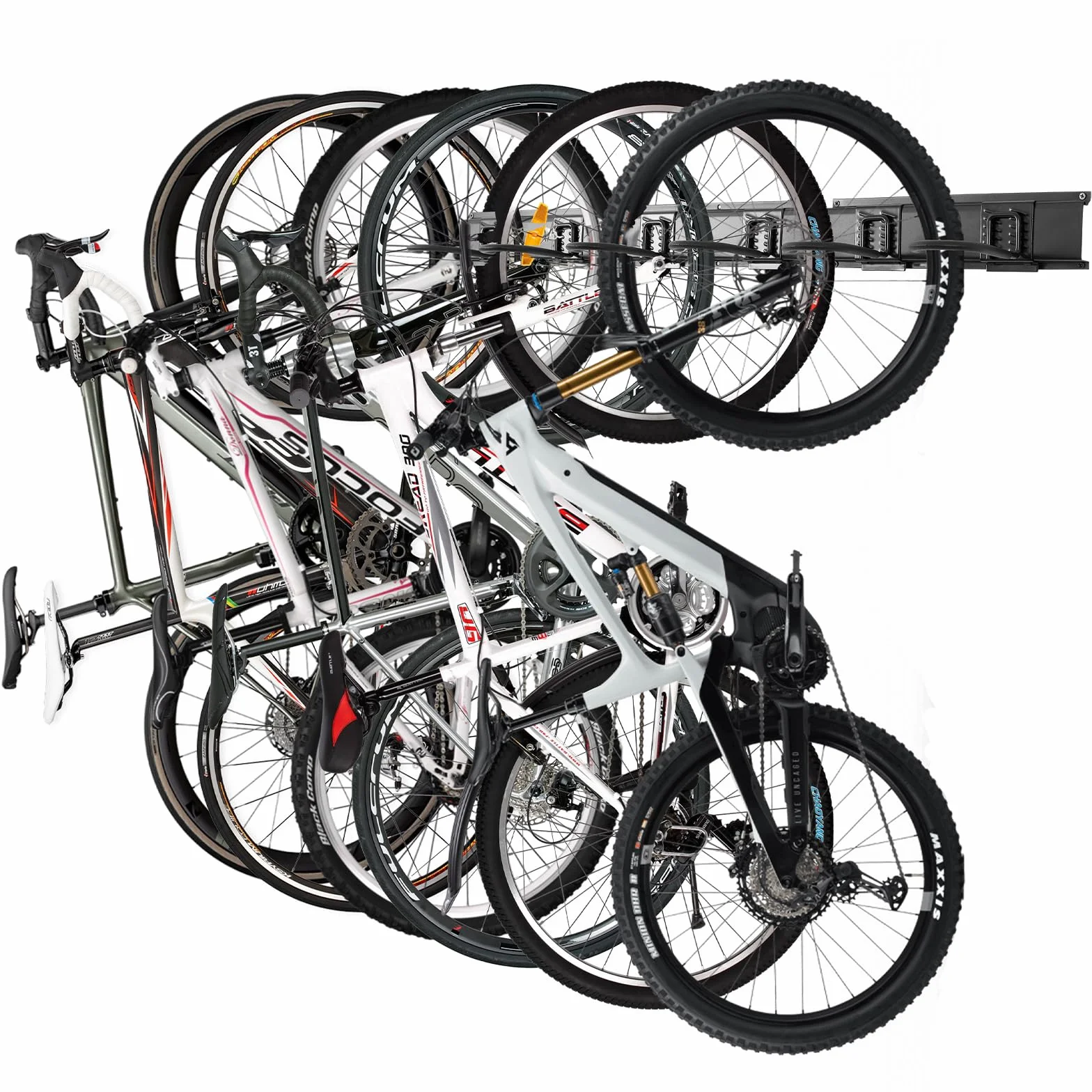 Soporte de pared para bicicletas de garaje, 6 soportes y 6 ganchos, carga 270 kg, 160 cm