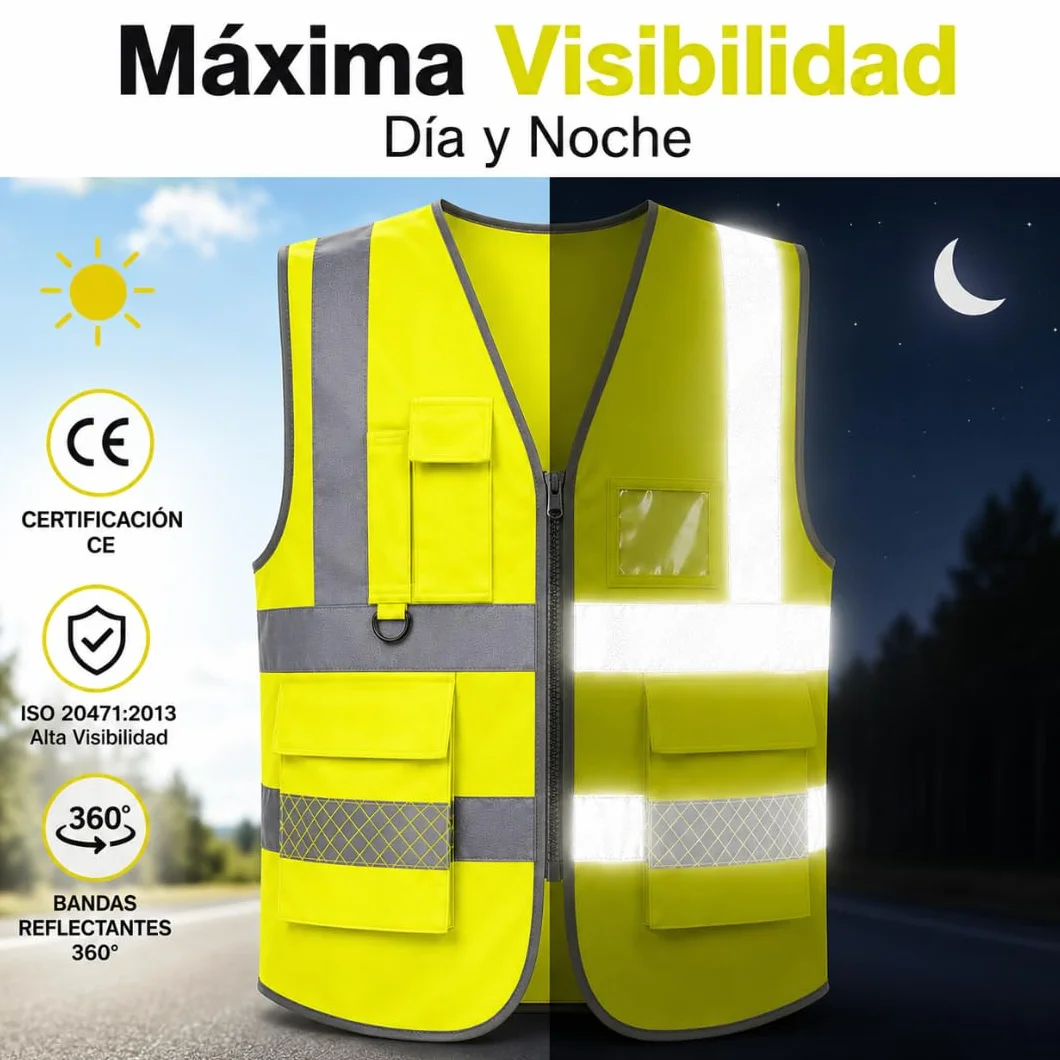 Chaleco Reflectante con Bolsillos y Cremallera Pack 2 Unidades | Chaleco Reflectante Homologado DGT Alta Visibilidad ISO 20471 | Chaleco Seguridad Trabajo Coche Moto Bicicleta Talla L Universal