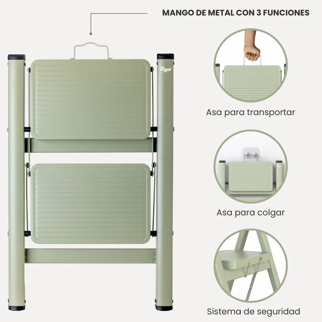 Vigar Escalera Plegable - 2 Peldaños de Acero, Taburete Plegable Portatil Antideslizante con Asa Metal, Taburete Escalera Banquito Step Stool hasta 150 kg, Compacto Ligero para Cocina Hogar - Verde