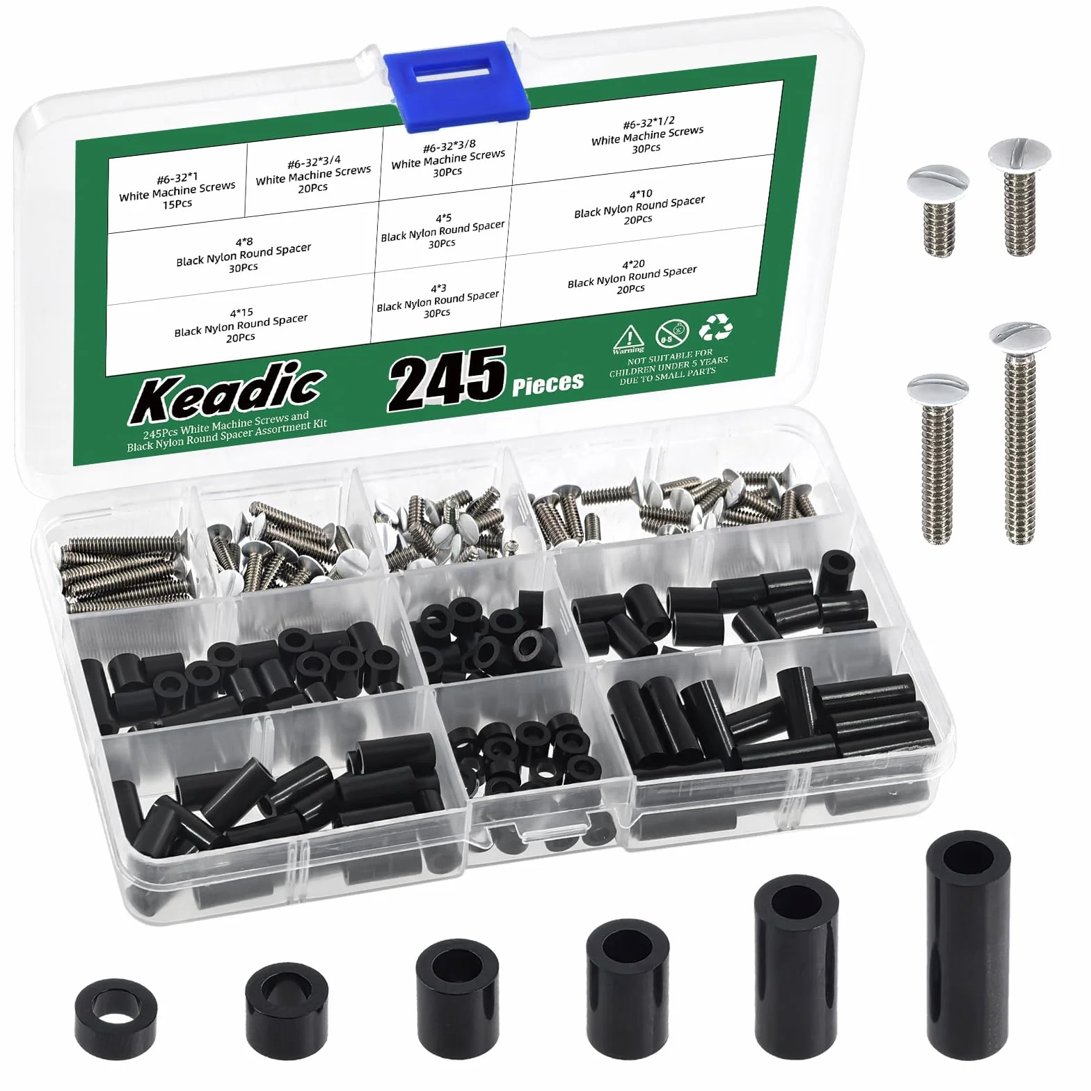 Keadic 245 unidades de tornillos de enchufe eléctrico, espaciadores, surtido, negro, nailon, espaciador, 6-32, tornillos de pared largos, para interruptor, separadores