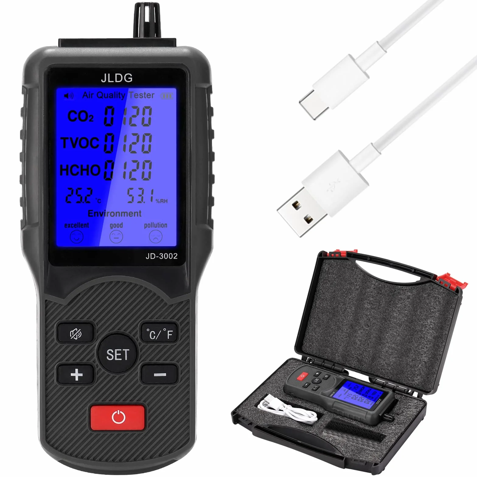 Hancaner Medidor de co2 Homologado 5 en 1 Medidor de Calidad del Aire TVOC HCHO Temperatura y Humedad Detector de CO2 con Pantalla LCD + 1 * 1800 mAh Batería de Litio + Cable USB +Caja de Embalaje
