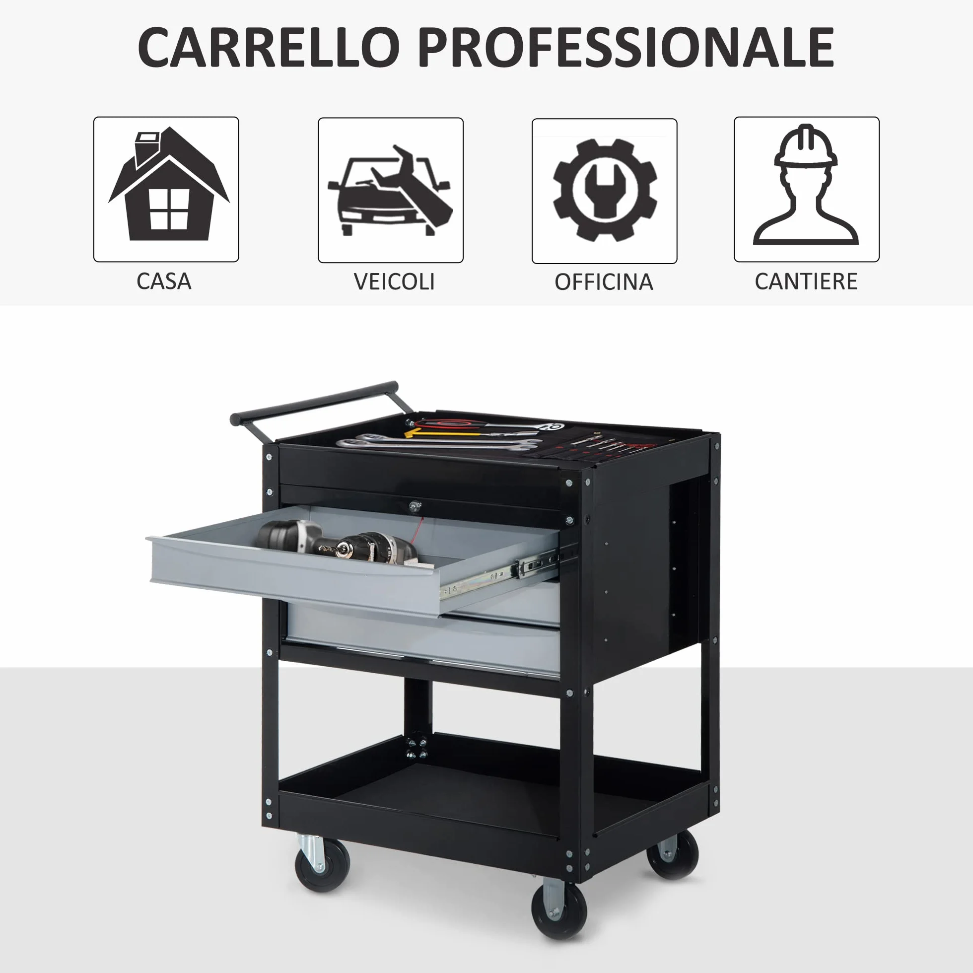 HOMCOM Carro de Herramientas Móvil 3 Cajones 2 Estanterías 68x46x88cm Chapa de Acero Negro