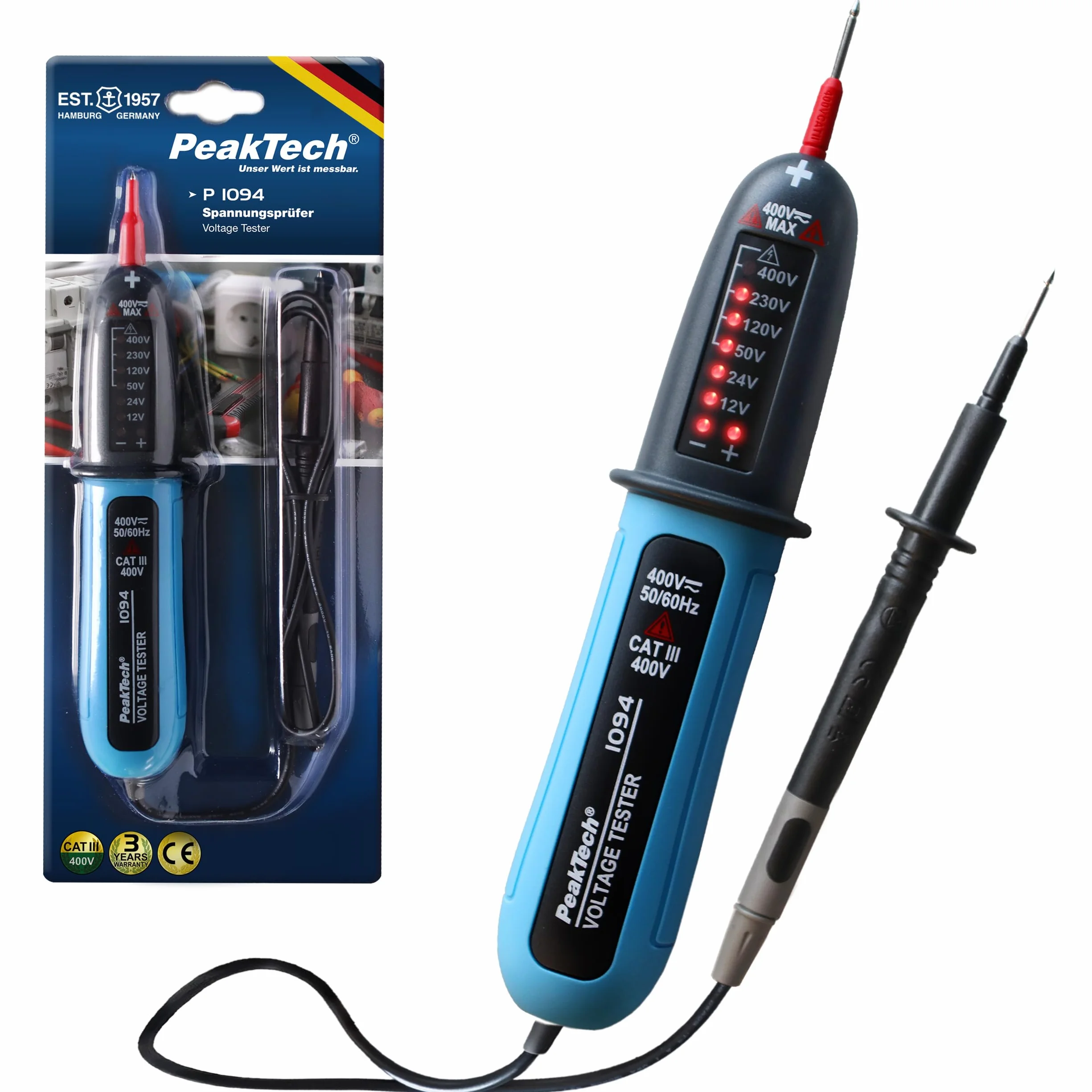 PeakTech P1094 Comprobador de tensión digital bipolar CA/CC 12V-400V Voltímetro con pantalla LED