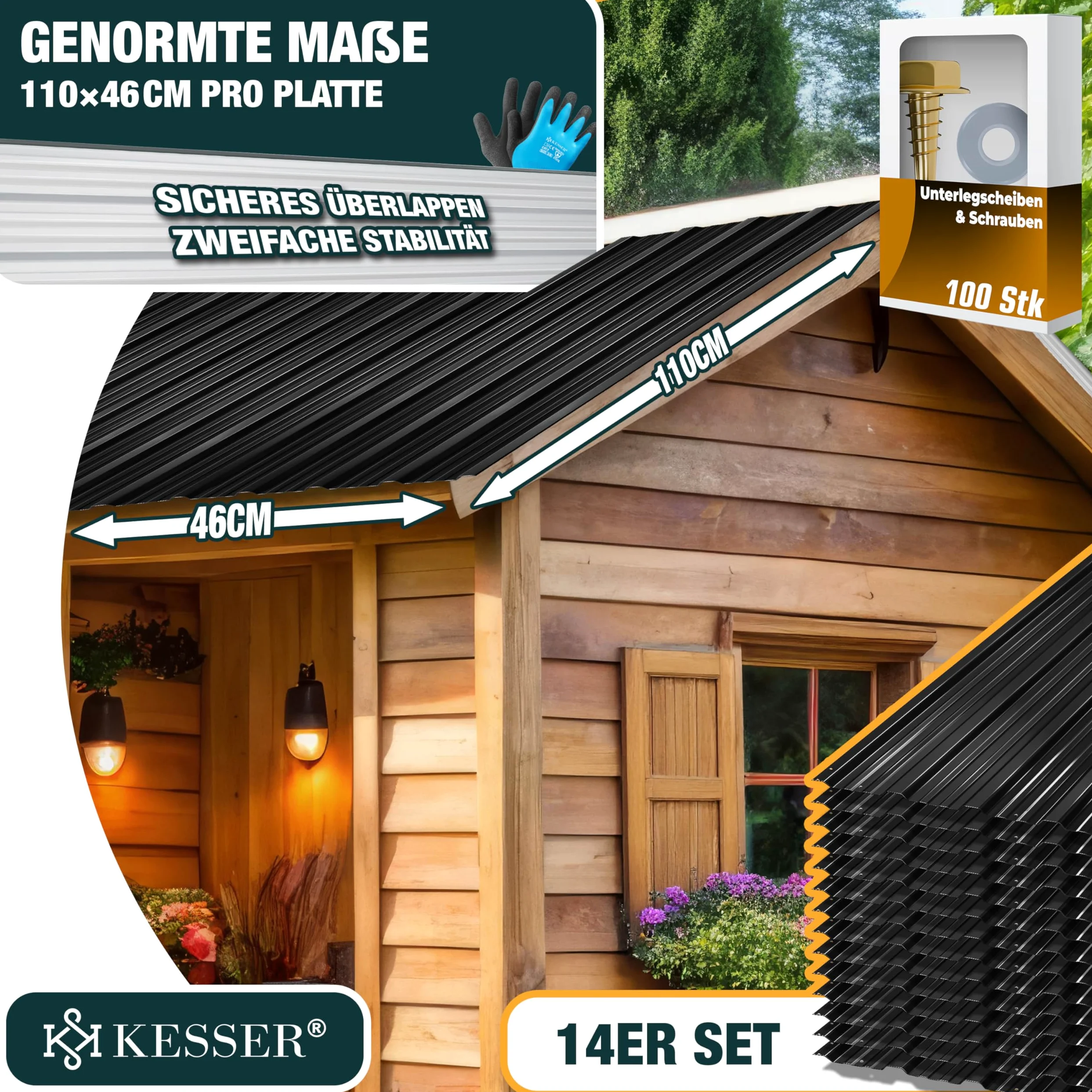 KESSER Chapa trapezoidal de 7 m², 12 unidades, para cobertizo, placas de techo de acero galvanizado de 0,25 mm, incluye guantes de montaje (negro, 110 x 46 cm/14 unidades)
