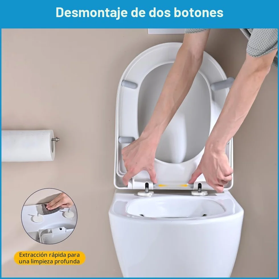 Tapa WC Universal Forma de D [LARGO], YEAUPE PRO Asiento de Inodoro de Cierre Suave con Liberación Rápida para una Fácil Limpieza, Blanco, 44,6 x 36,1 x 5cm, Incluye plantilla de instalación