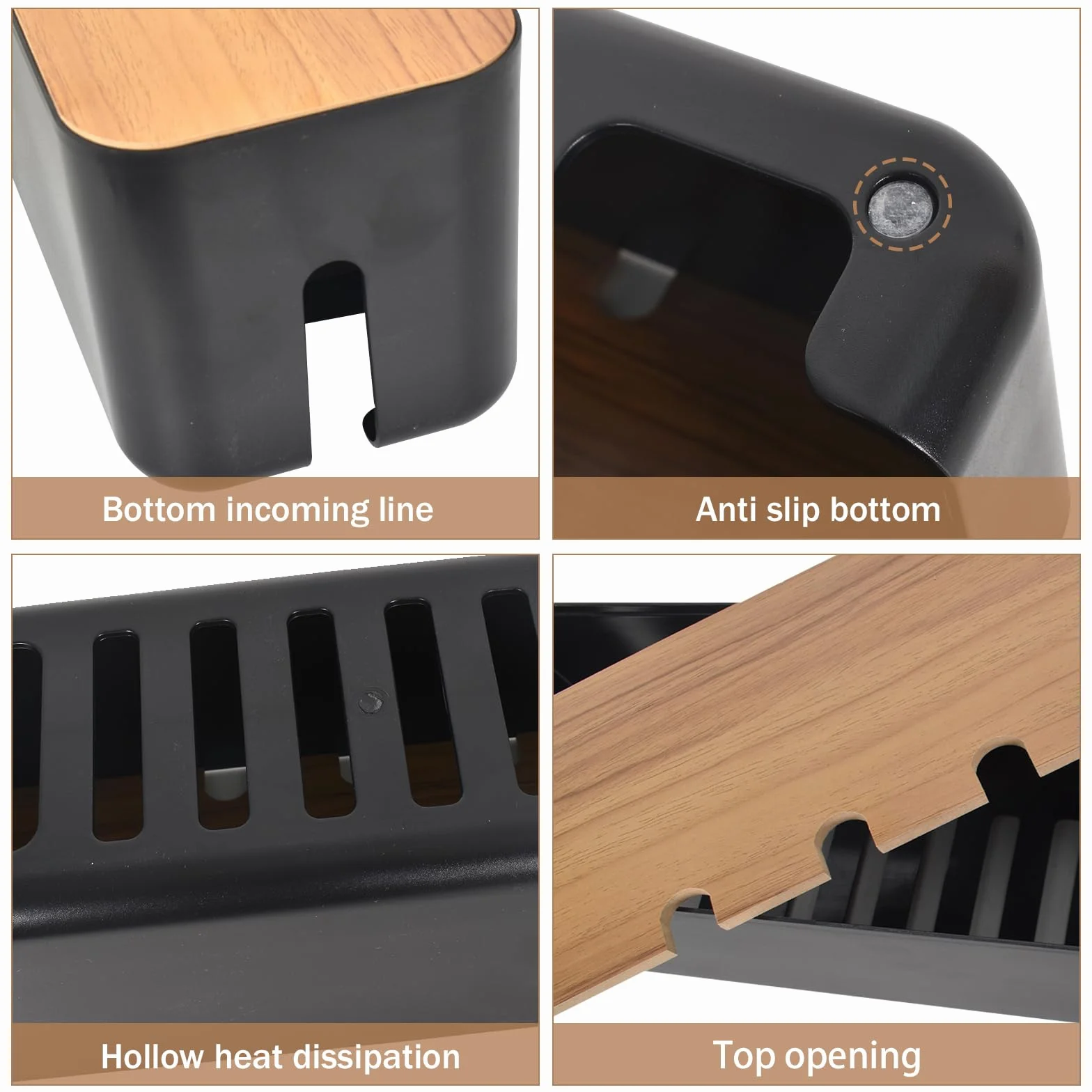 Caja organizadora de cables grande negra con tapa de madera para guardar accesorios y regletas de enchufe para televisores y escritorios en casa y oficina