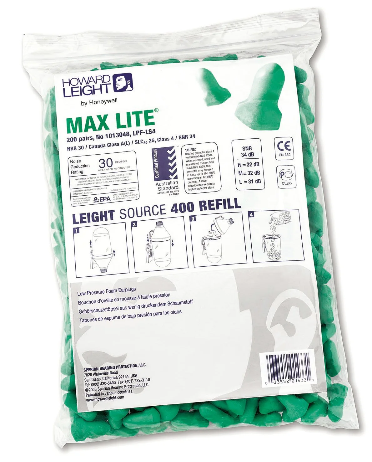 Honeywell Howard Leight 1013048 Max Lite Paquete de Recarga de Tapones para los Oídos de Espuma de un Solo Uso, SNR 34, Verde, Forma de T, Sin Cordón (Bolsa Superior Recarga con Cremallera 200 Pares)