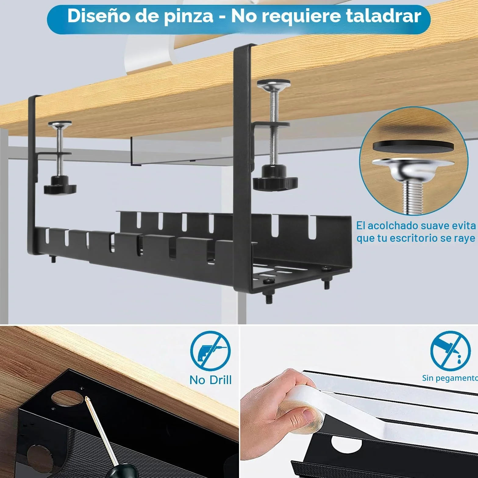 Organizador Cables Escritorio Retráctiles de 28,5CM a 55CM, Bandeja Cables Escritorio sin Taladrar, Gestión de Cables Debajo del Escritorio, Cesta de Bandeja de Cables para Hogar u Oficina