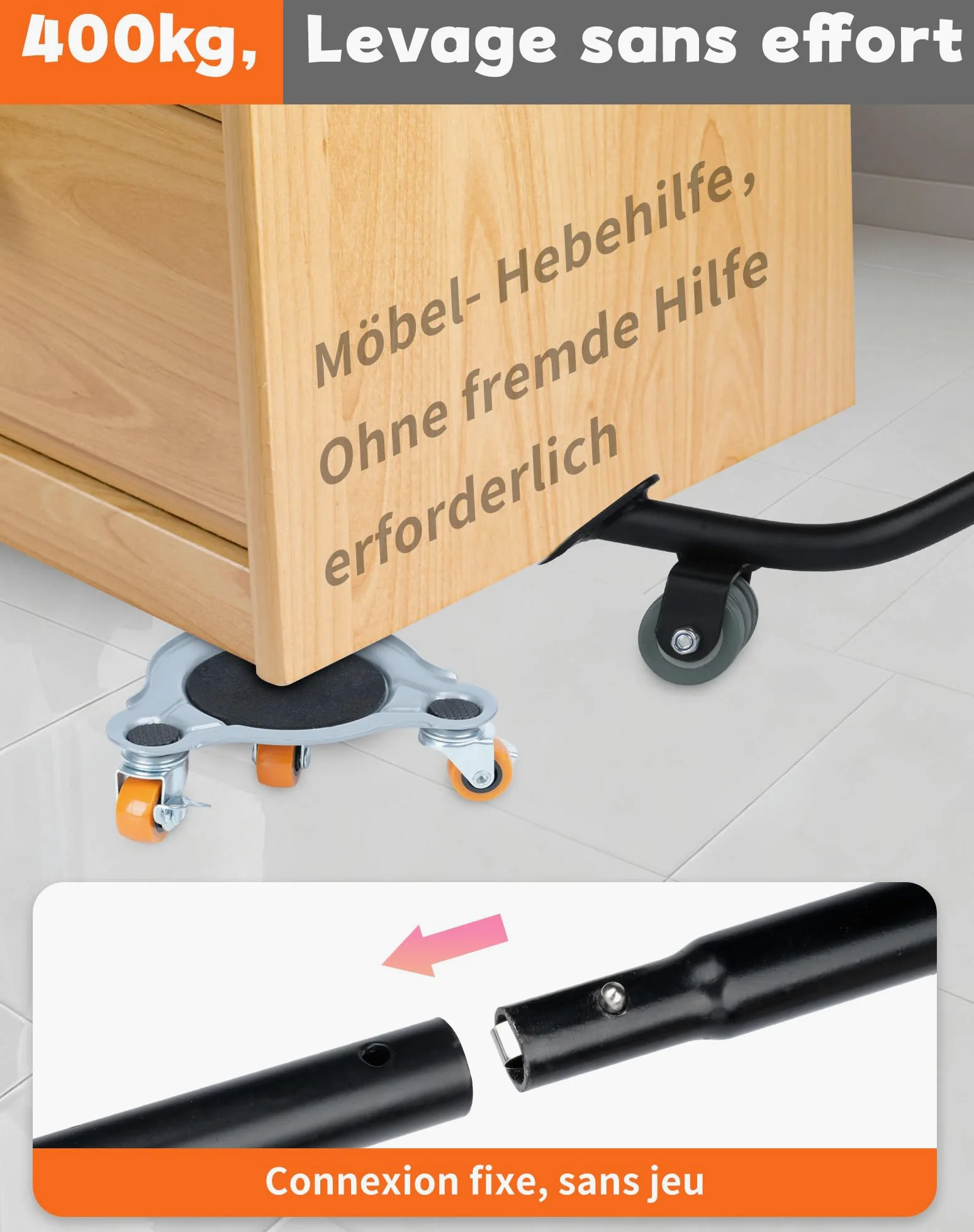 Kit de 4 Rodamientos Deslizantes y 1 Levantador – Mover Muebles de hasta 400 kg, Ruedas de TPE con Giro Total, Ideal para Sofás, Camas, Electrodomésticos