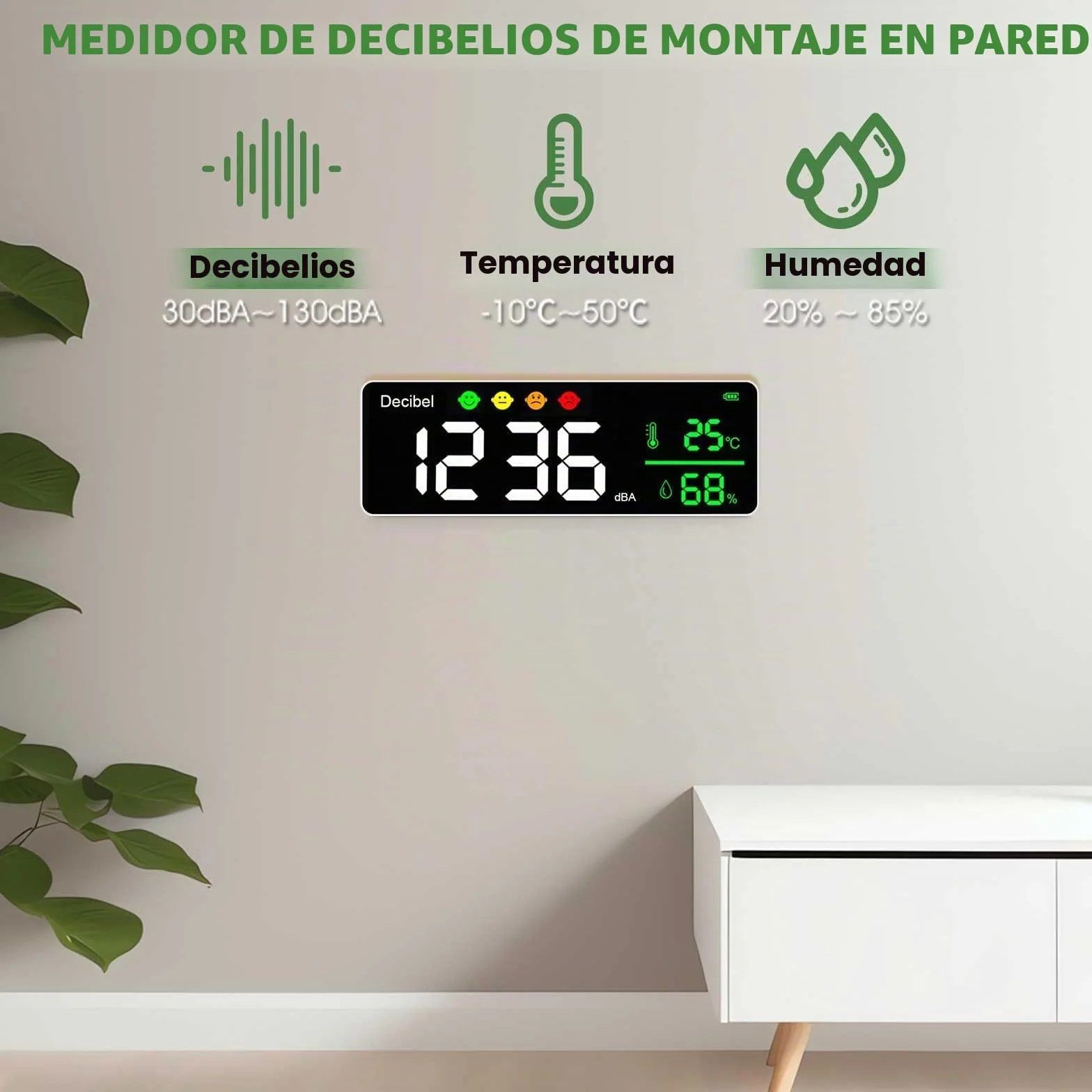 Medidor de Decibelios Medidor de Nivel de Sonido de Pared 30-130dB Decibelímetros Medidor de Ruido con Alarma, Medidor de Ruido/Temperatura/Humedad con Pantalla Grande LCD de 11 Pulgadas para Casa