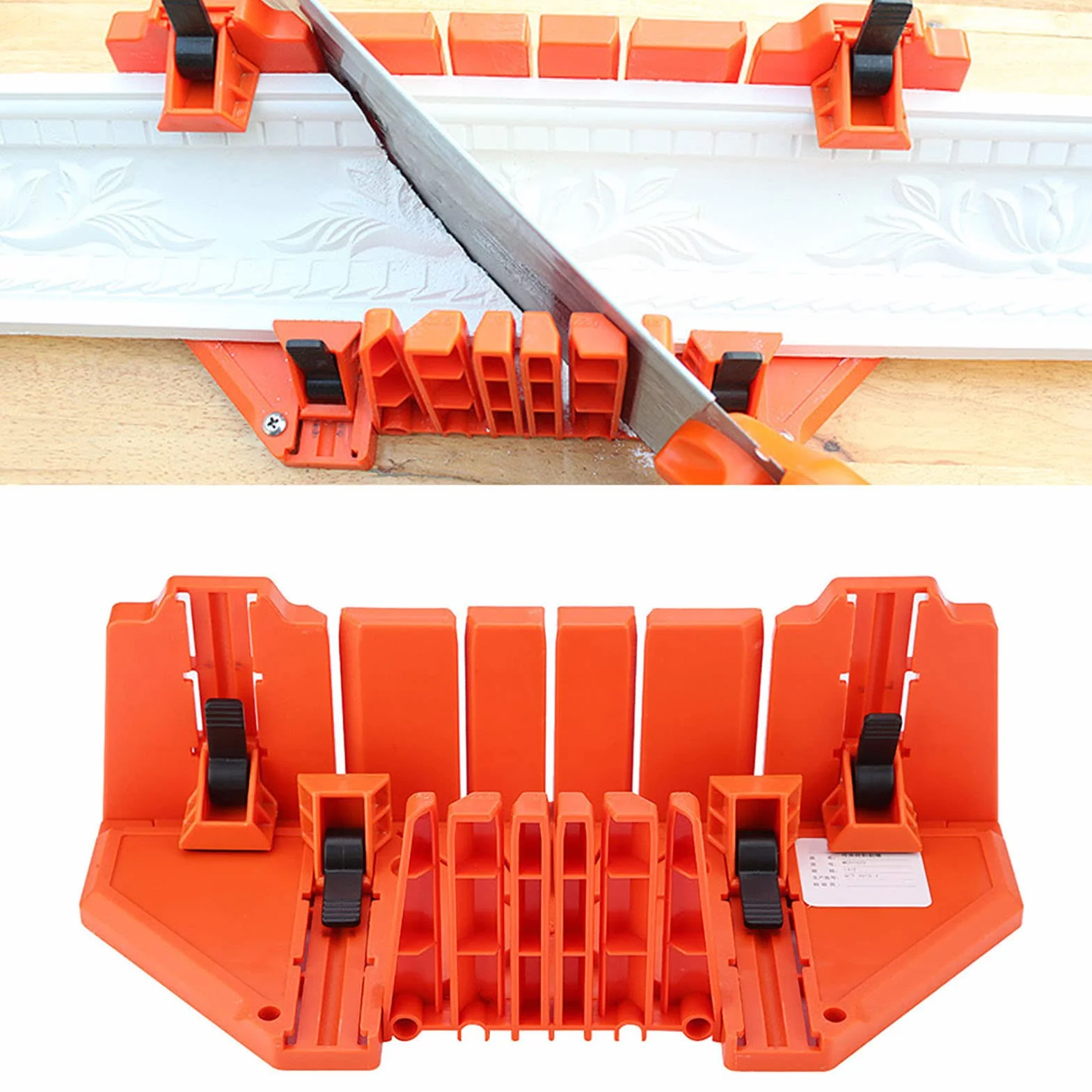 GAESHOW Caja de Ingletes de Plástico, Caja de Sierra Ingletadora, Caja de Ingletes con Sierra de Espiga de 14", Caja Almacenamiento de Corte de Inglete con Compartimento para Sierra