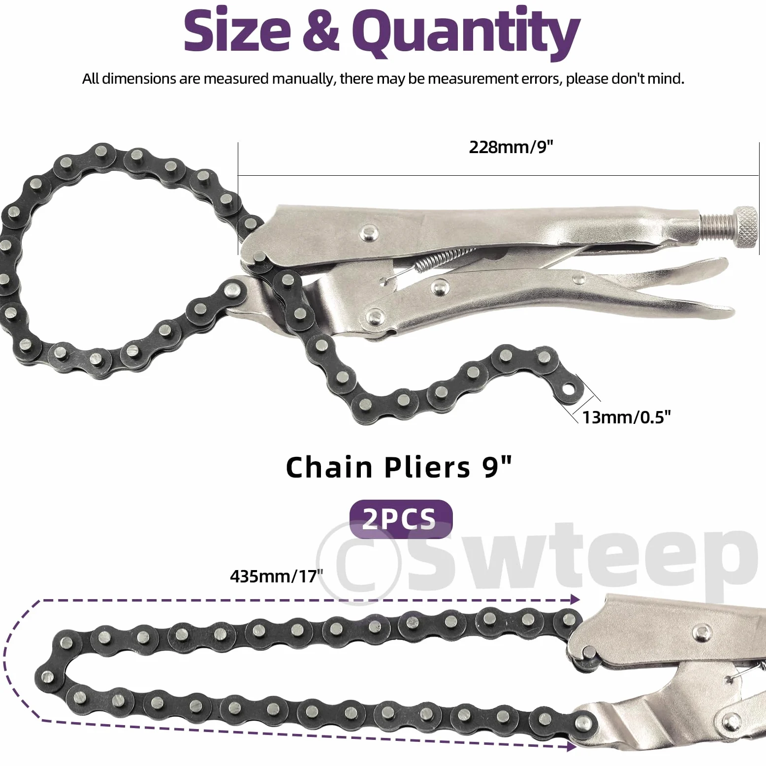 Swpeet 2Pcs 9 pulgadas de acero de aleación para uso pesado Pinzas de la cadena de bloqueo con cadena de 20", herramienta de filtro de aceite reversible Accesorios de tuberías Herramientas Llave