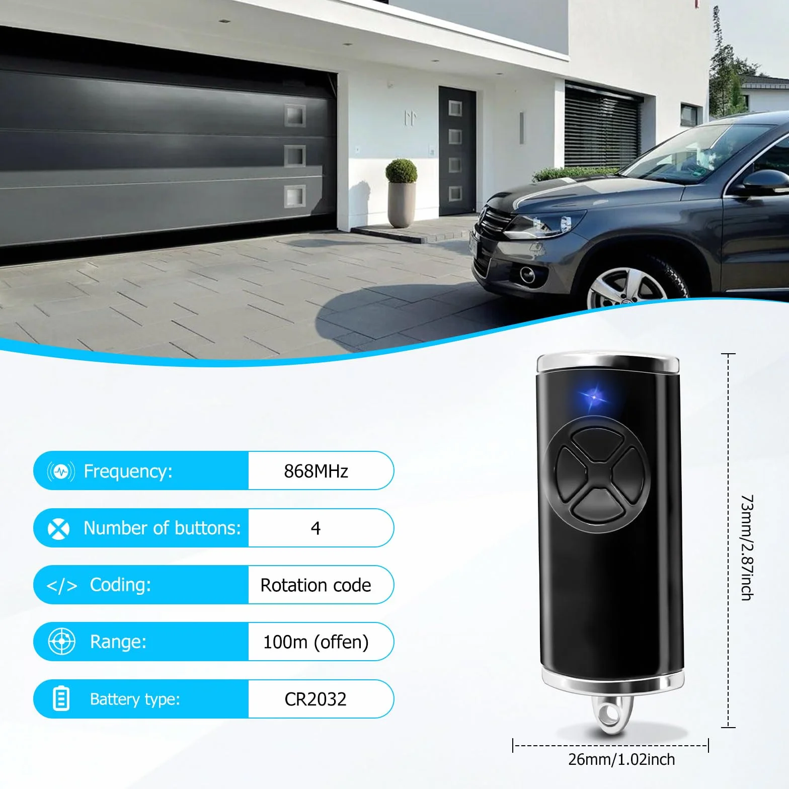2 unidades de repuesto para hse4-868-bs, abridor de puerta de garaje 868,3 MHz 4 canales compatible con hse4-868-bs, hse2-868-bs (negro)