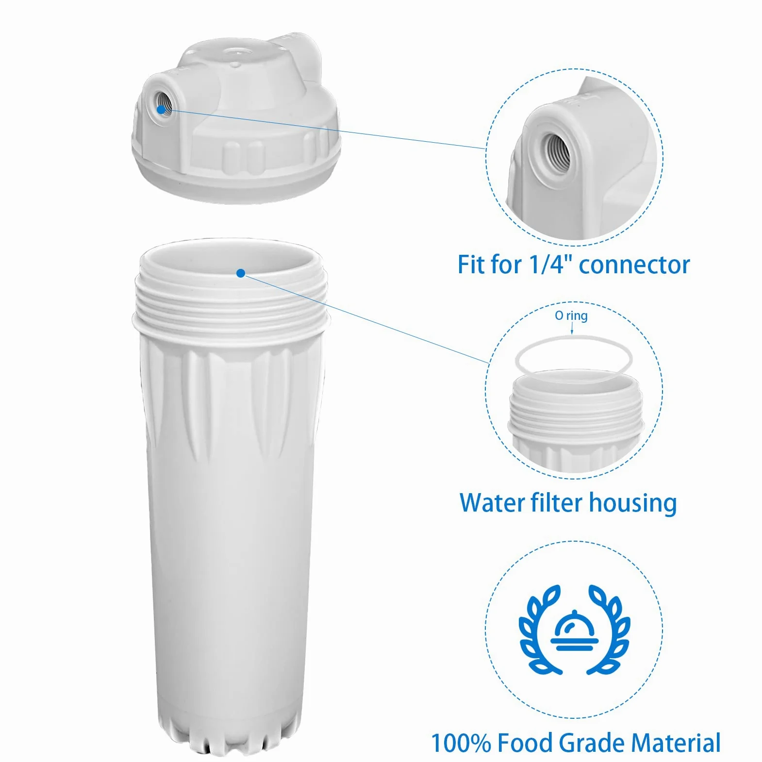 Carcasa de filtro de agua de 10" para sistema de ósmosis inversa, entrada y salida de 1/4", anillo de sellado doble