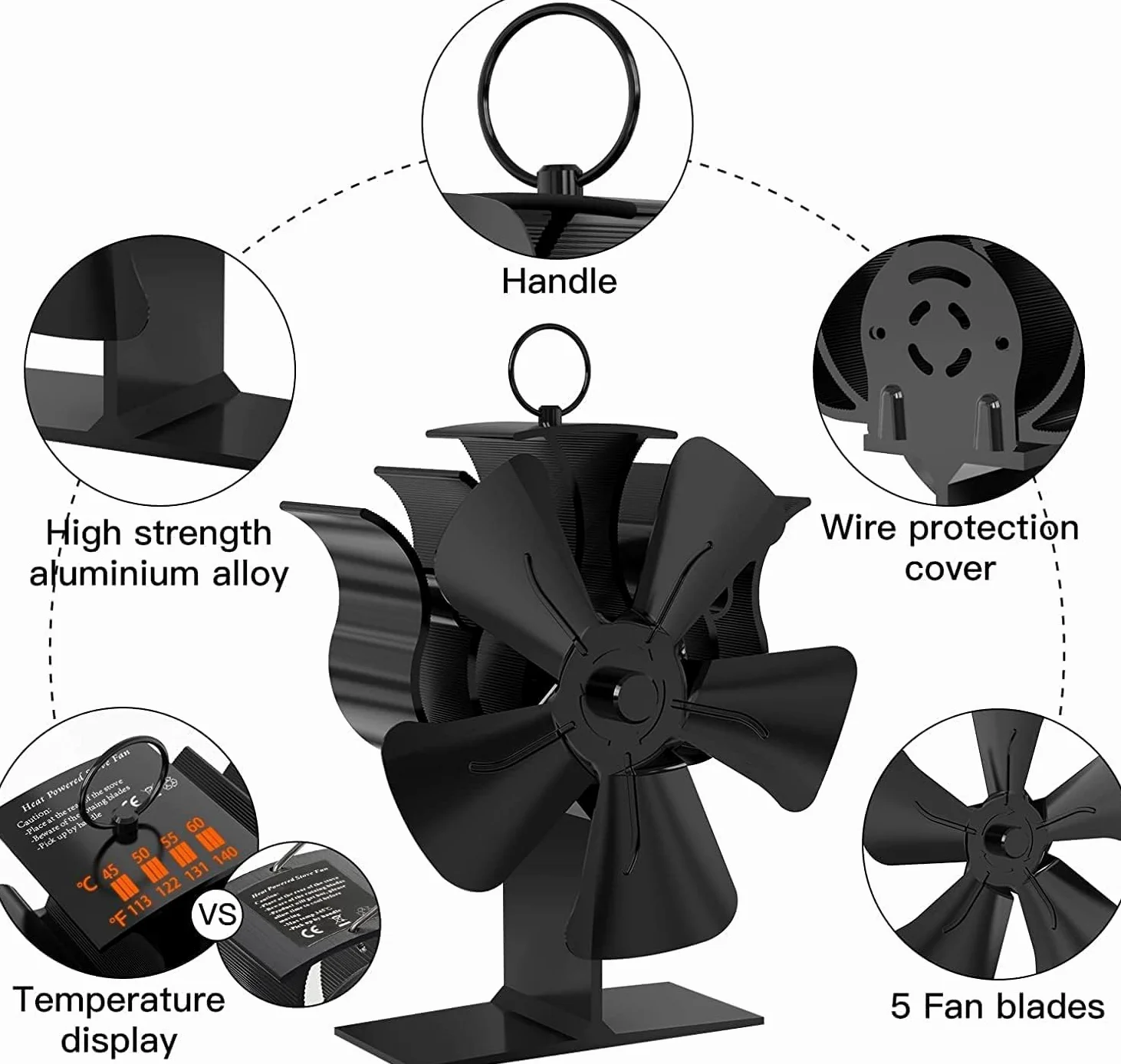 Ventilador para Chimenea, Ventilador Termodinámico de 5 Aspas, No Requiere Electricidad, Circulación de Aire Caliente, Adecuado para Estufa de Leña, Chimenea, Estufa de Pellets, Estufa de Leña